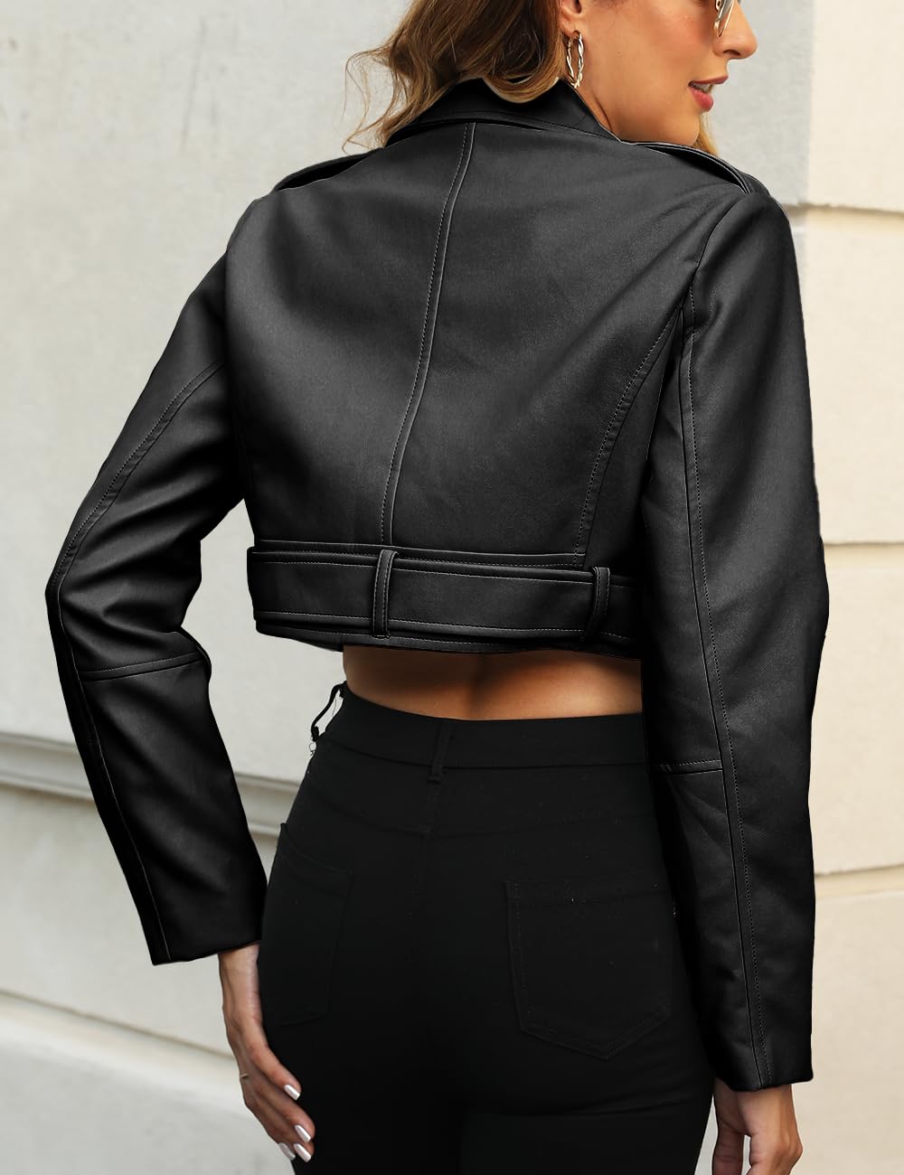 Bellivera Women's Cropped Faux Leather Jacket Bomber Zip Up Coat PU Moto Bike Outwear 2236 Black L
