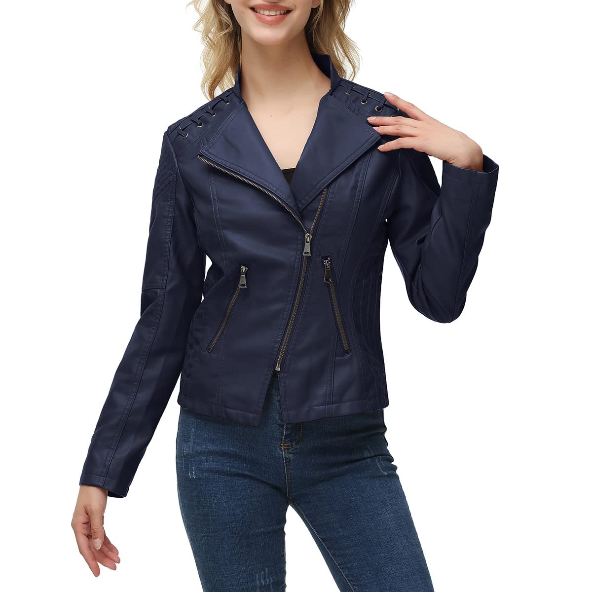 MODFUL Women's Faux Leather Moto Jacket Casual Short Solid Color PU Biker Coat with Pockets(Navy,Large)