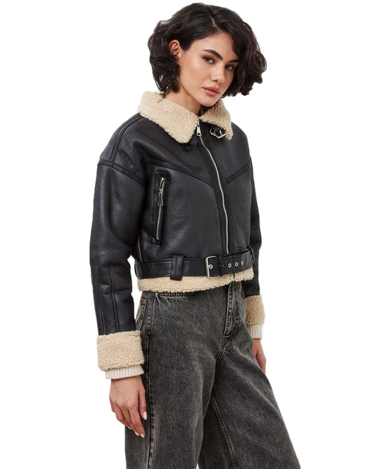 LY VAREY LIN Winter Women Faux Lamb Fur Leather Short Jacket Lapel Zipper Bomber Aviator Coat