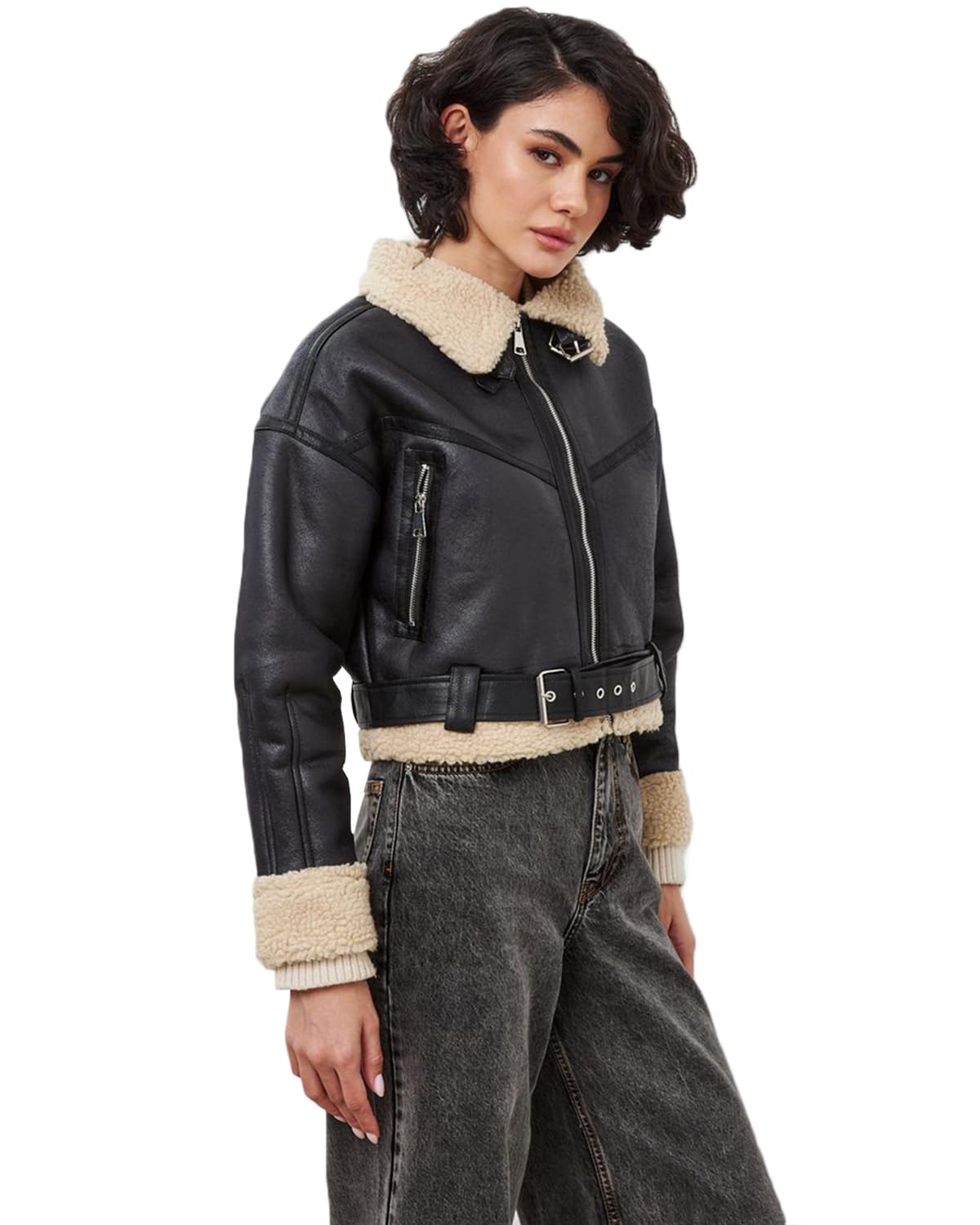 LY VAREY LIN Winter Women Faux Lamb Fur Leather Short Jacket Lapel Zipper Bomber Aviator Coat