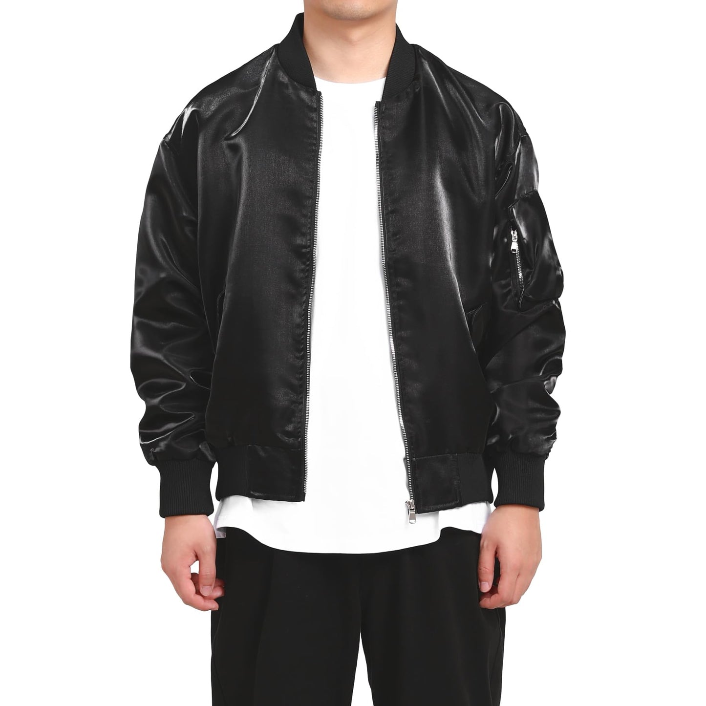 BYBNOLL Men's Satin Bomber Jacket Full Zip Flight Coat with Sleeve Pocket (Black,L)