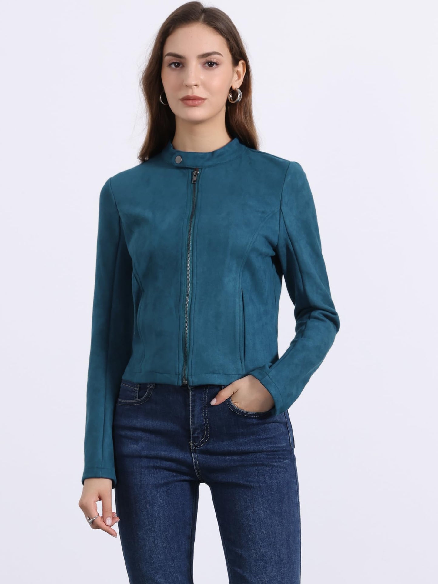 Allegra K Women's Faux Suede Jacket Stand Collar Zip Up Long Sleeve Motorcycle Biker Coat X-Large Peacock Blue