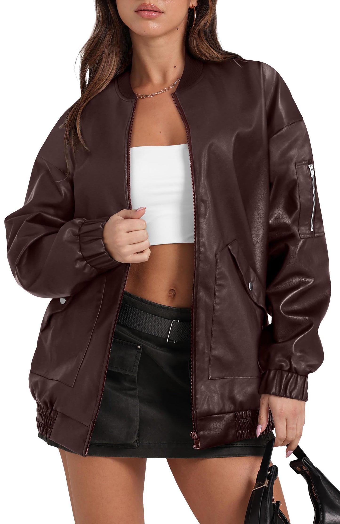 XIEERDUO Leather Jacket Women Faux Oversized Motorcycle Bomber Coats 2025 Fall Fashion Outfits Winter Clothes Dark Coffee S