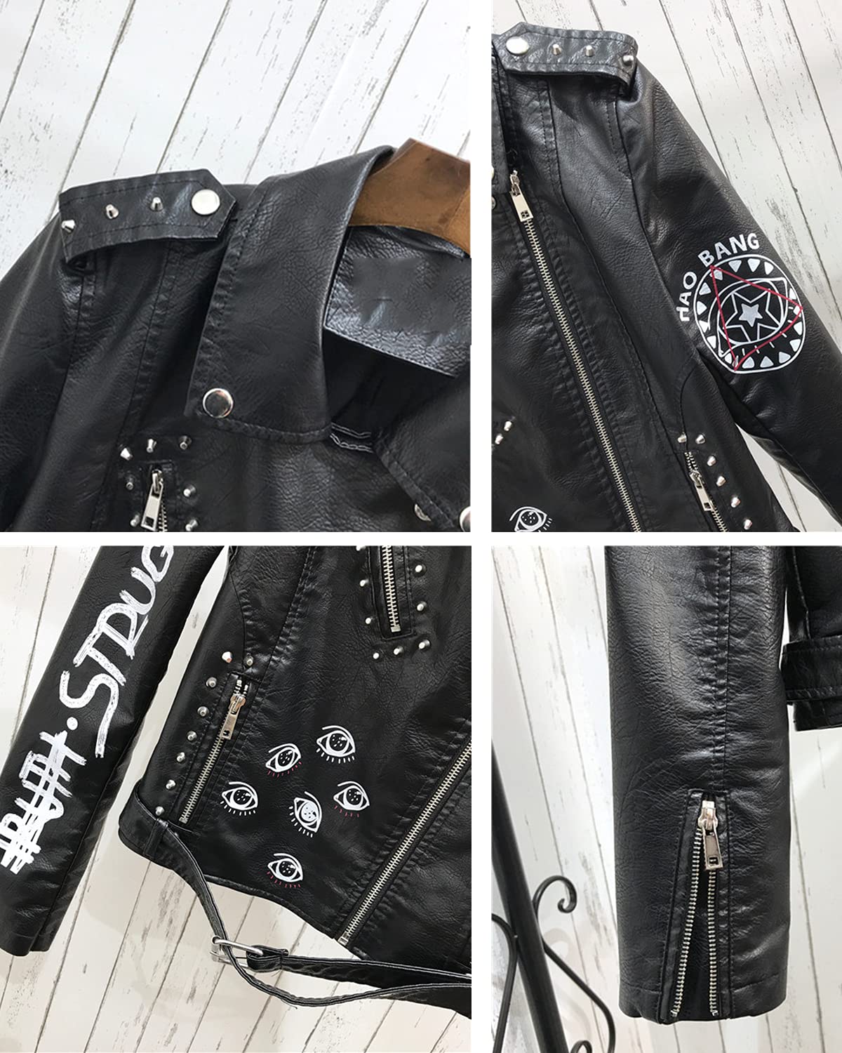 LY VAREY LIN Women's Print Faux Leather Punk Jacket Biker Motorcycle Jacket with Belt (Black, l)
