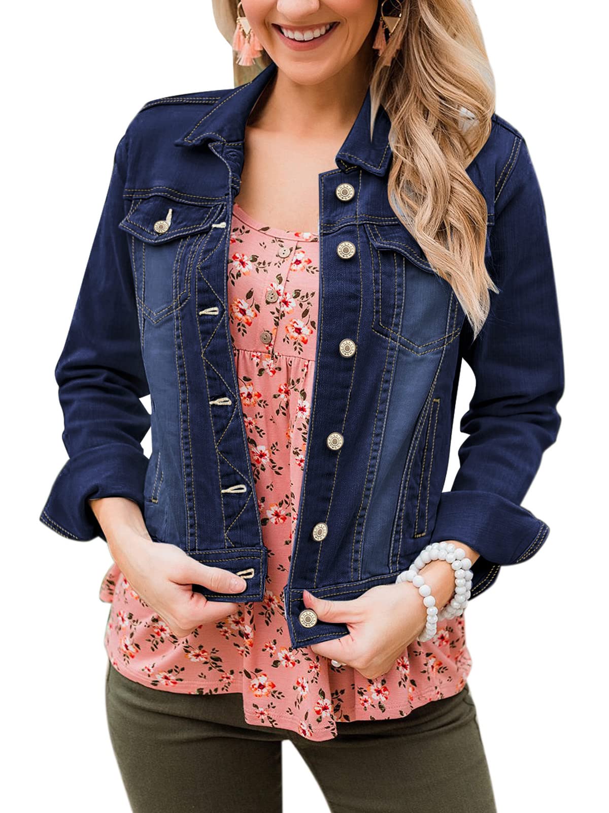 luvamia Women's Basic Button Down Stretch Fitted Long Sleeves Denim Jean Jacket Deep Blue Size Medium