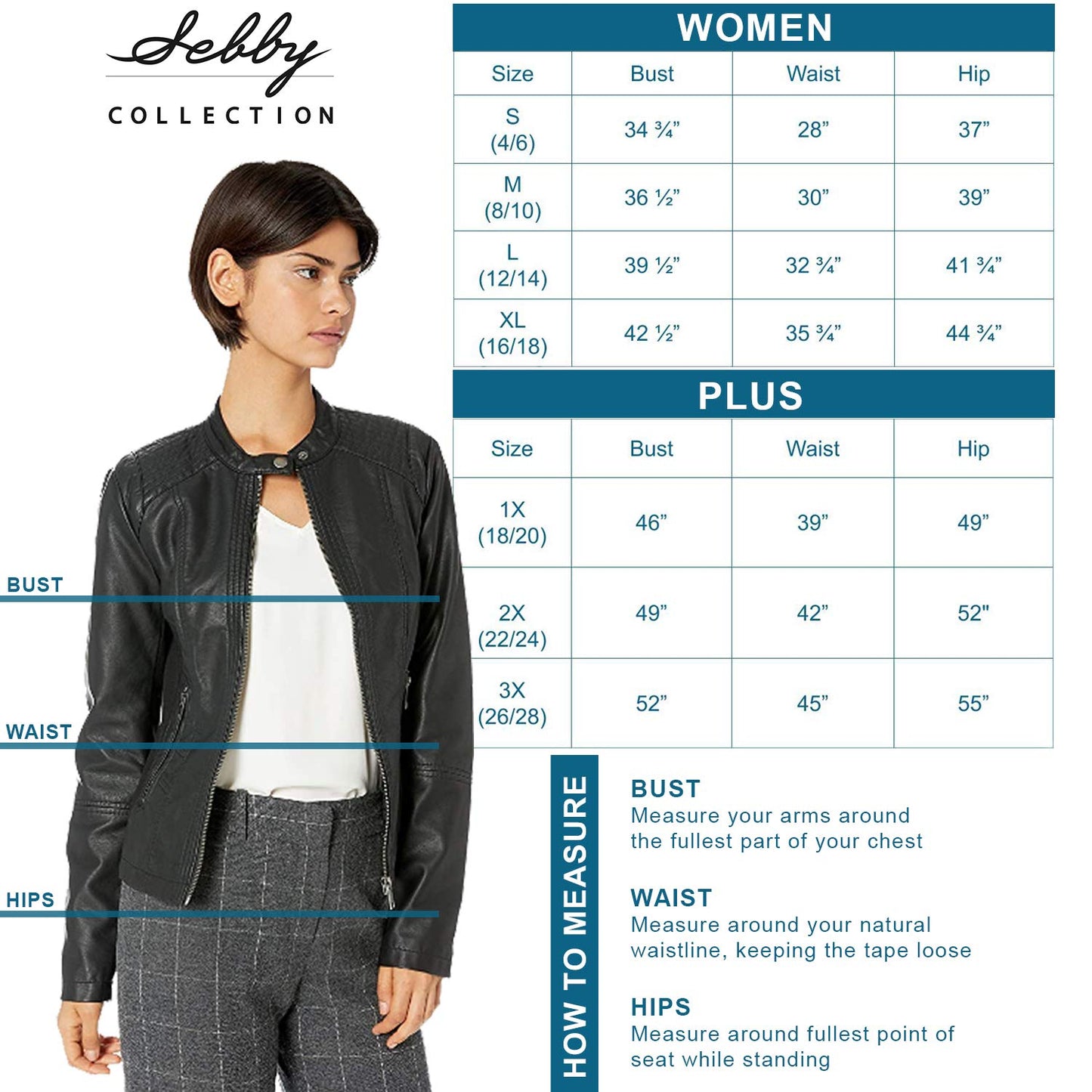 Sebby Collection Women's Faux Leather Jacket with Moto Details and Front Zip Pockets, Black, Medium