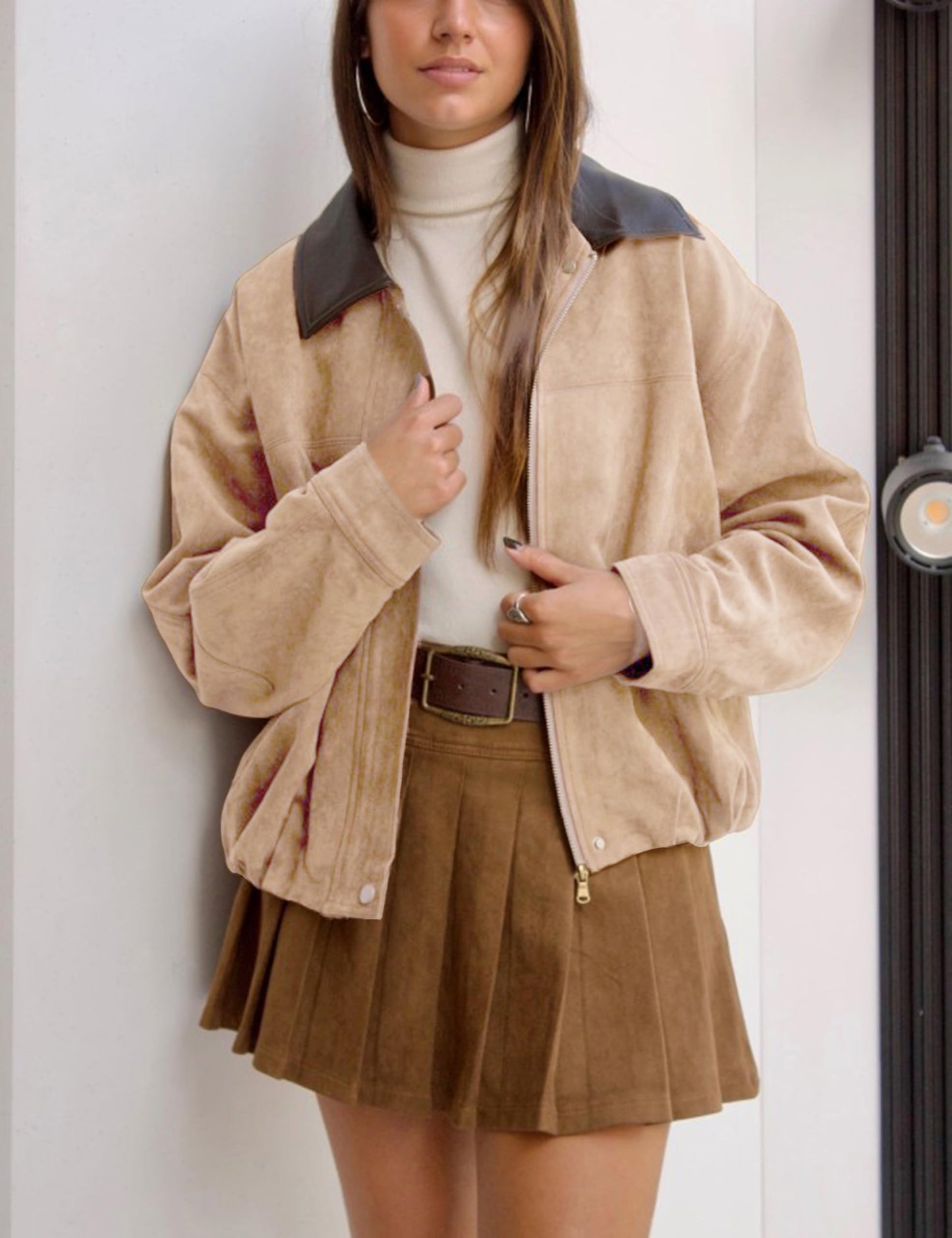 Yegthou Womens Faux Suede Bomber Jacket Casual Lapel Pilot Cropped Jackets Oversized Motorcycle Zip Up Outerwear Coats(Khaki-S)