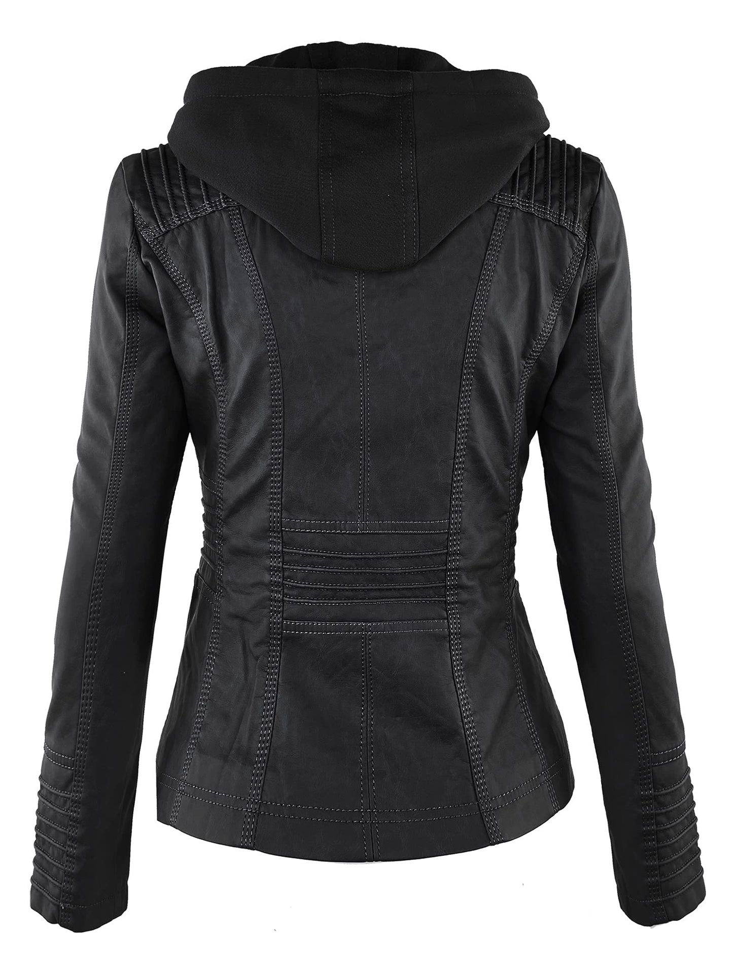 LL WJC663 Women’s Faux Leather Moto Biker Jacket with Removable Hood – Lightweight Zip-Up Coat with Pockets for Fall and Winter M Black