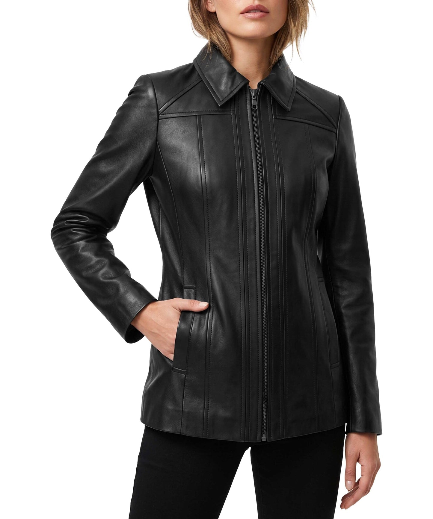 TRENDS GENESIS Premium Genuine Lambskin Long Leather Jacket Black Leather Coats for Women, Classic Car Coat Look XL
