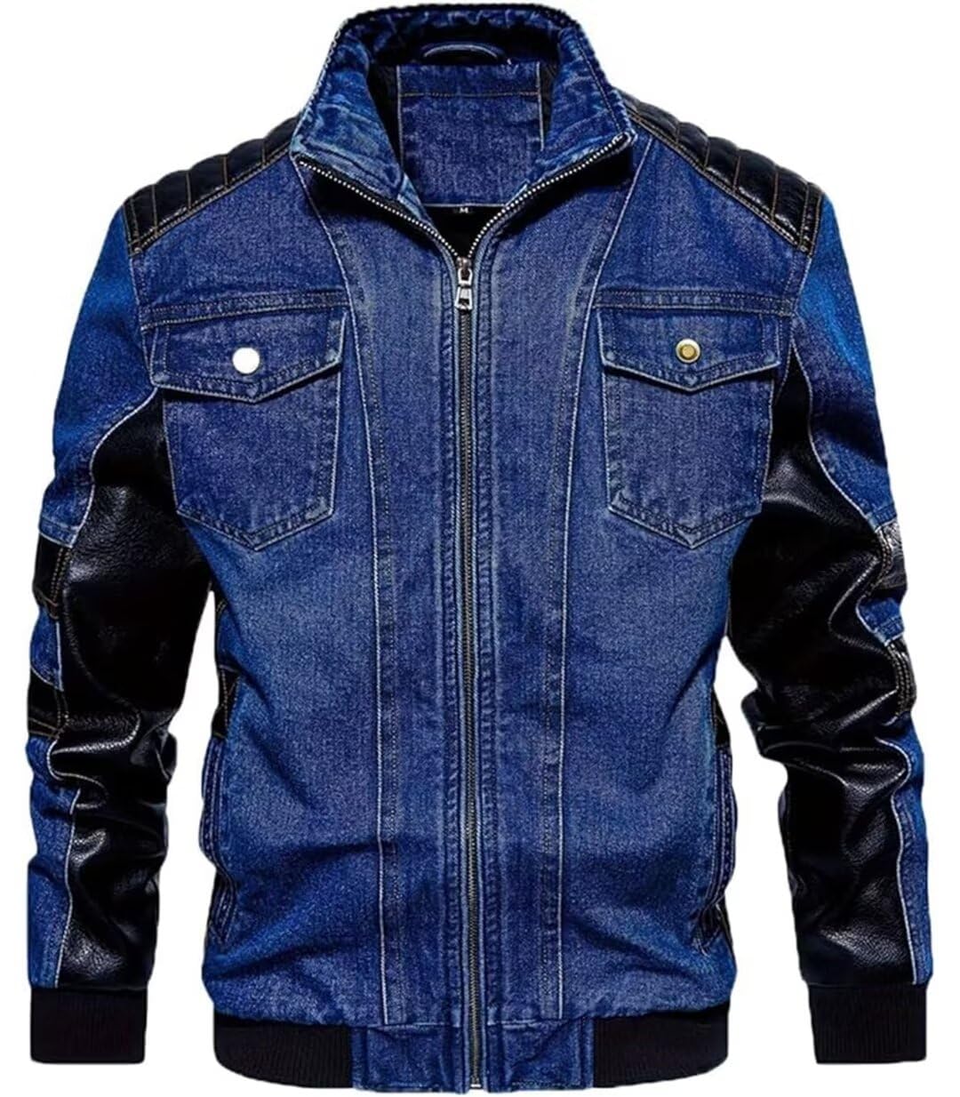 FTIMILD Men's Vintage Denim Jacket Casual Windproof Biker Jacket Jean Jacket with Faux Leather Patchwork