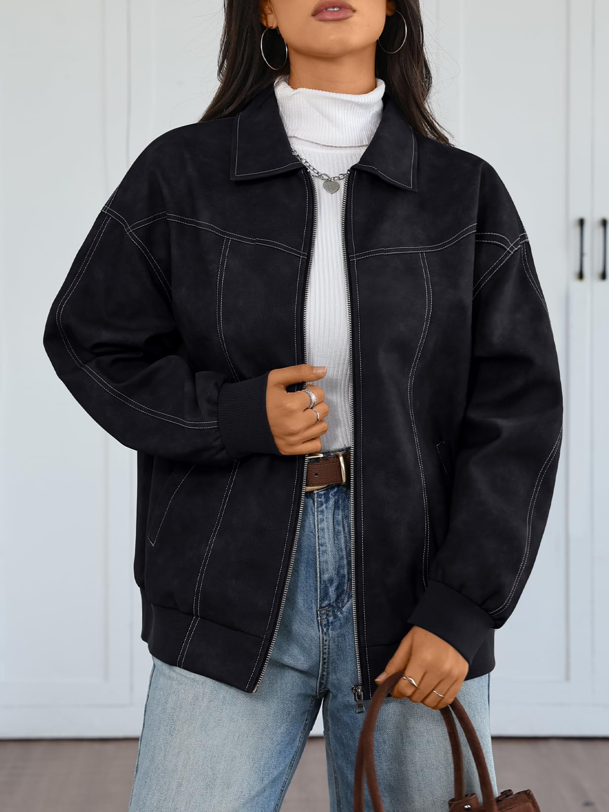 Trendy Queen Womens Leather Jackets Oversized Zip Up Motorcycle Bomber Jackets Fall Fashion Outfits Winter Clothes 2026 Black S