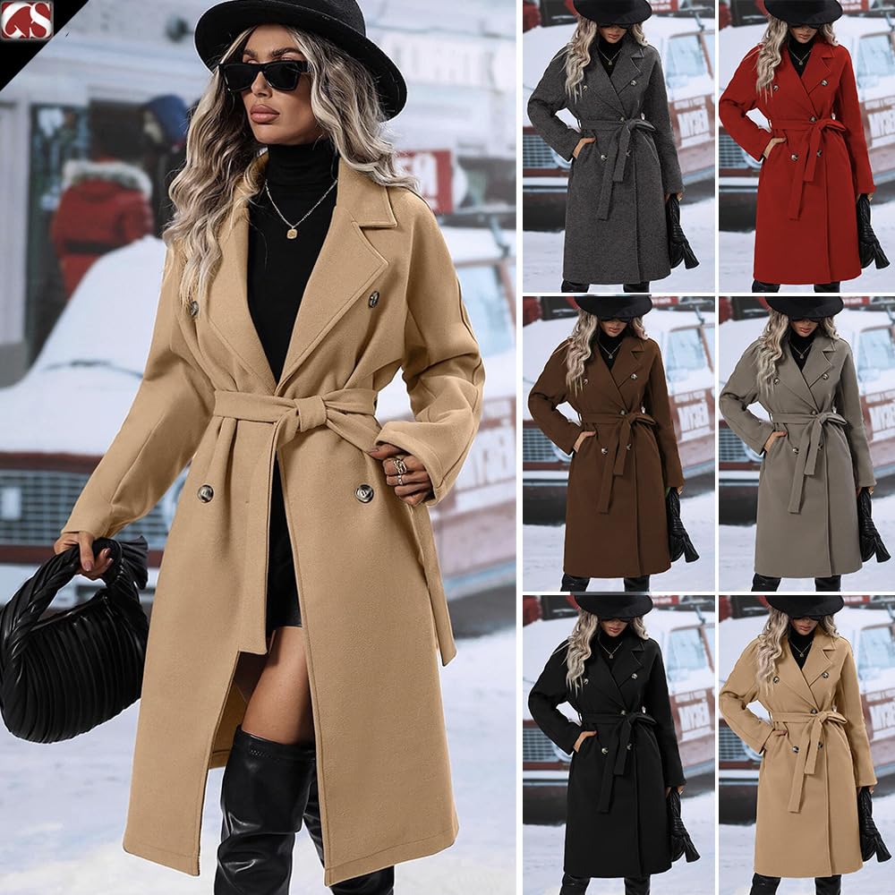utcoco Womens Long Wool Pea Coat Notched Lapel Double Breasted Trench Coat Winter Warm Overcoat with Belt (Small, Brown)
