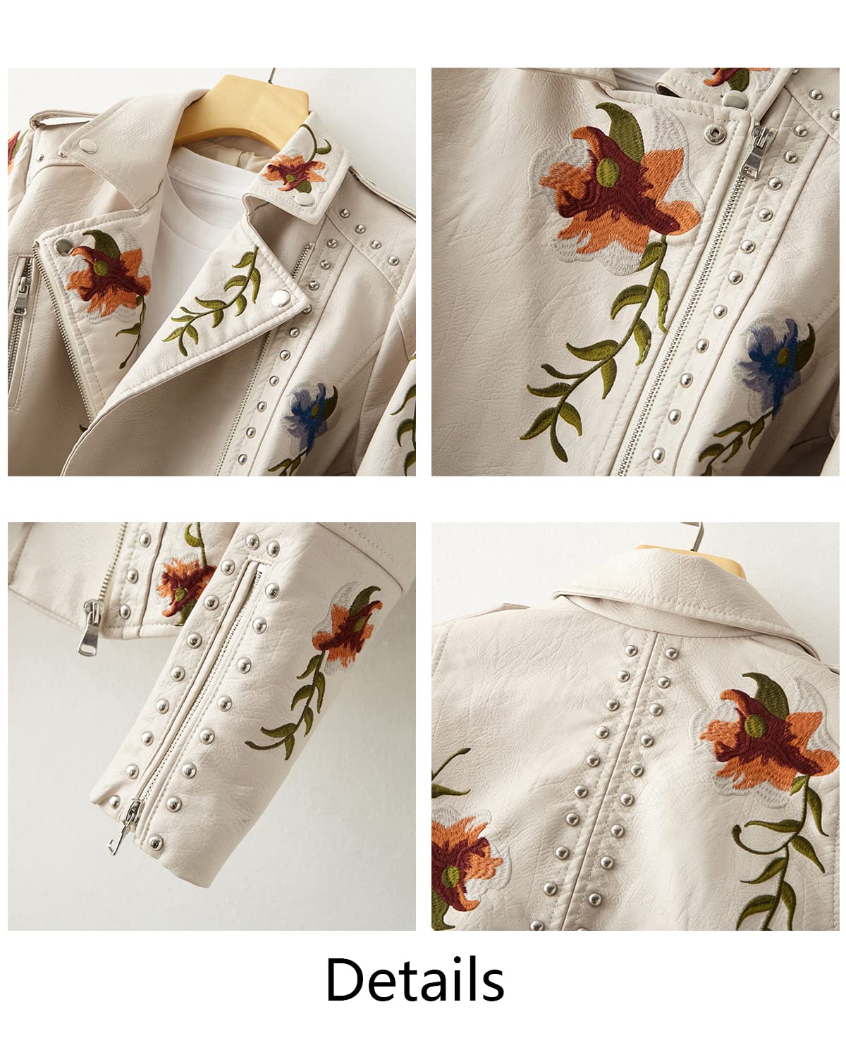 YILANUOYI Women's Embroidered Studded Faux Leather Jacket Moto Punk Jacket Floral Coat (XXL, XHPY Beige)