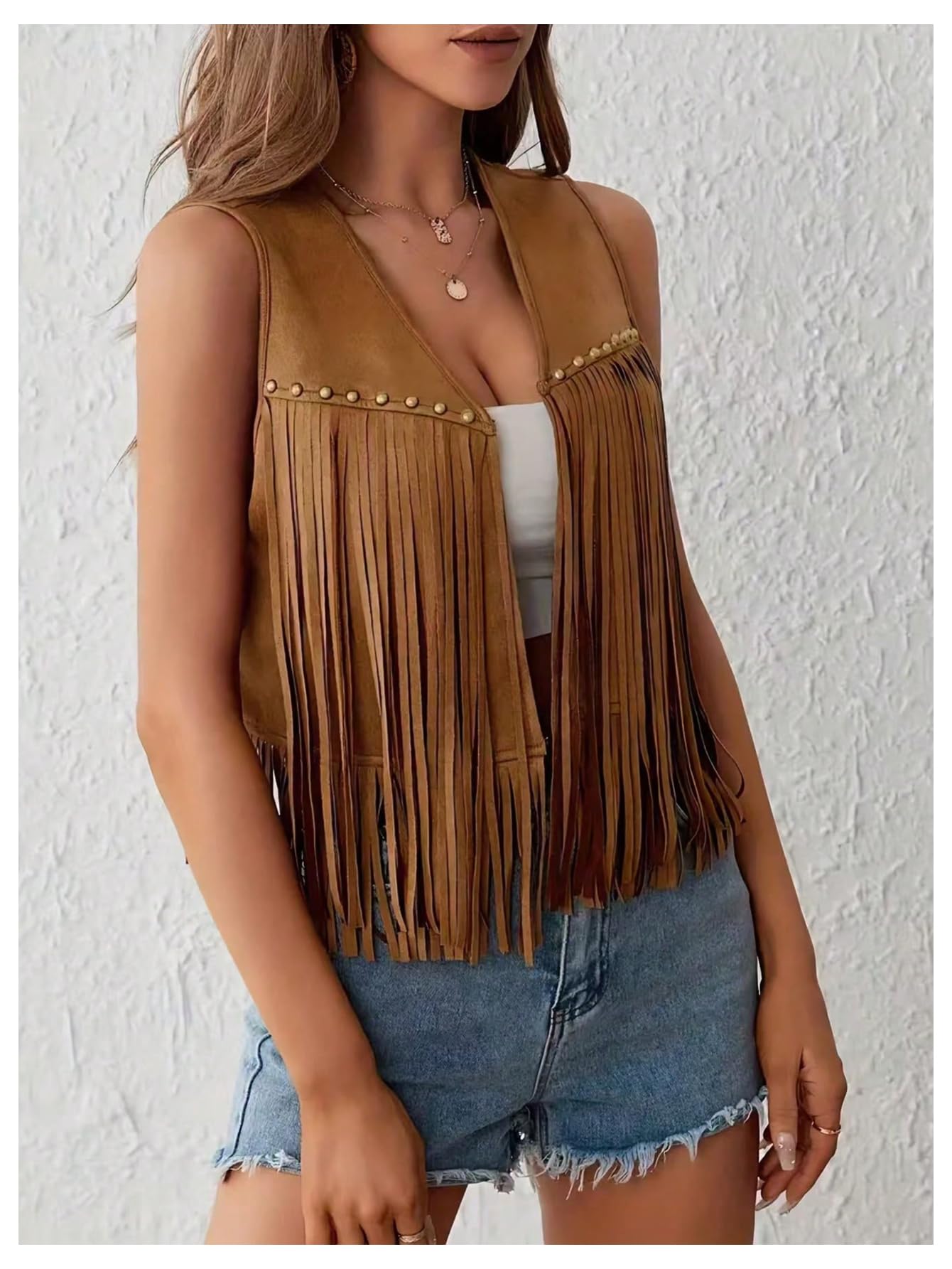 GORGLITTER Women's Western Fringe Vest Jackets Sleeveless Cowgirl 70s Hippie Faux Suede Cropped Jacket Rodeo Outfits Khaki Medium