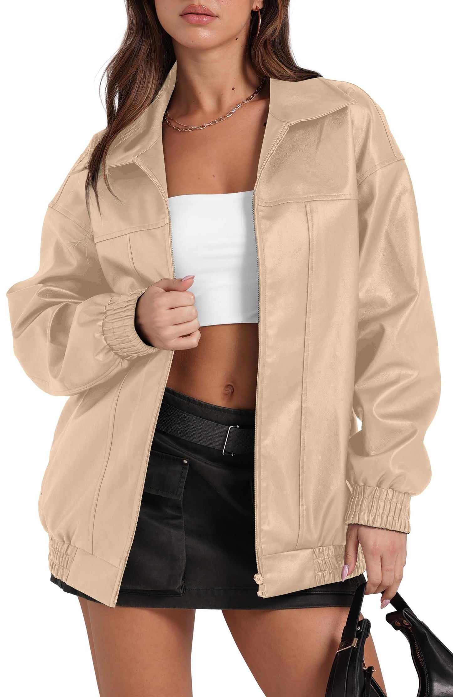 Sampeel Leather Jacket Women Cute Oversized Vintage Bomber Coats 2025 Fall Night Out Outfits Winter Clothes Apricot M