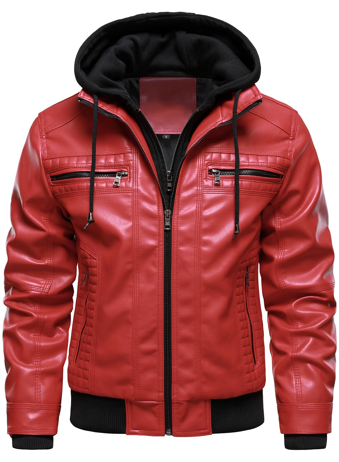 HOOD CREW Men Faux Leather Jacket with Detachable Hood Casual Motorcycle Bomber Jackets Outerwear Red L