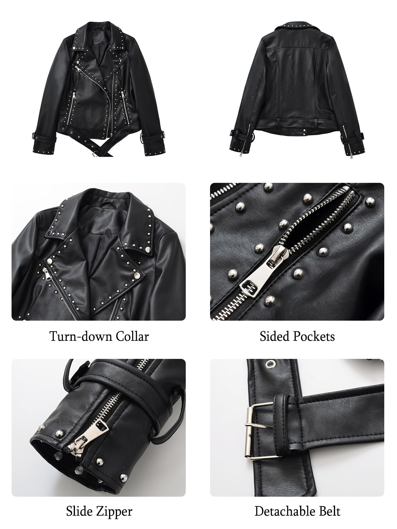 LY VAREY LIN Studded Faux Leather Moto Jacket Women Black PU Biker Coat with Rivets Punk Style (US, Alpha, Medium, Regular, Regular, Black)