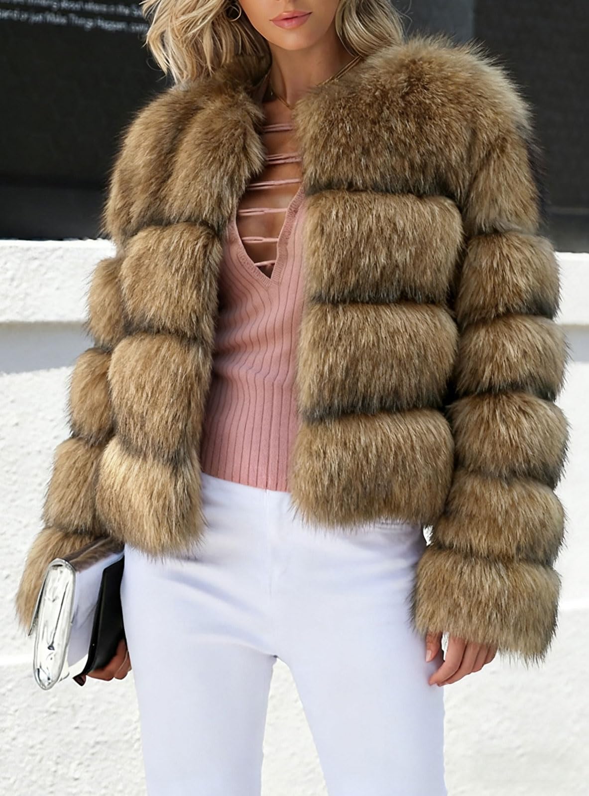 loveimgs Women Warm Fluffy Cropped Puffer Jacket Faux Fur Coat Crop Parka Collarless Winter Teddy Bear Coat Overcoat (Medium, Raccoon)