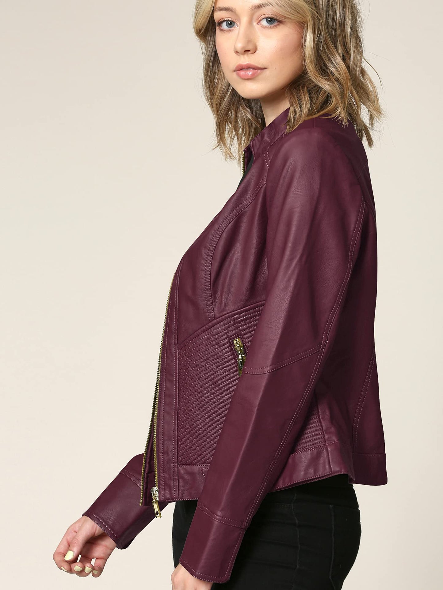 Made By Johnny MBJ WJC747 Womens Dressy Vegan Leather Biker Jacket XL Wine