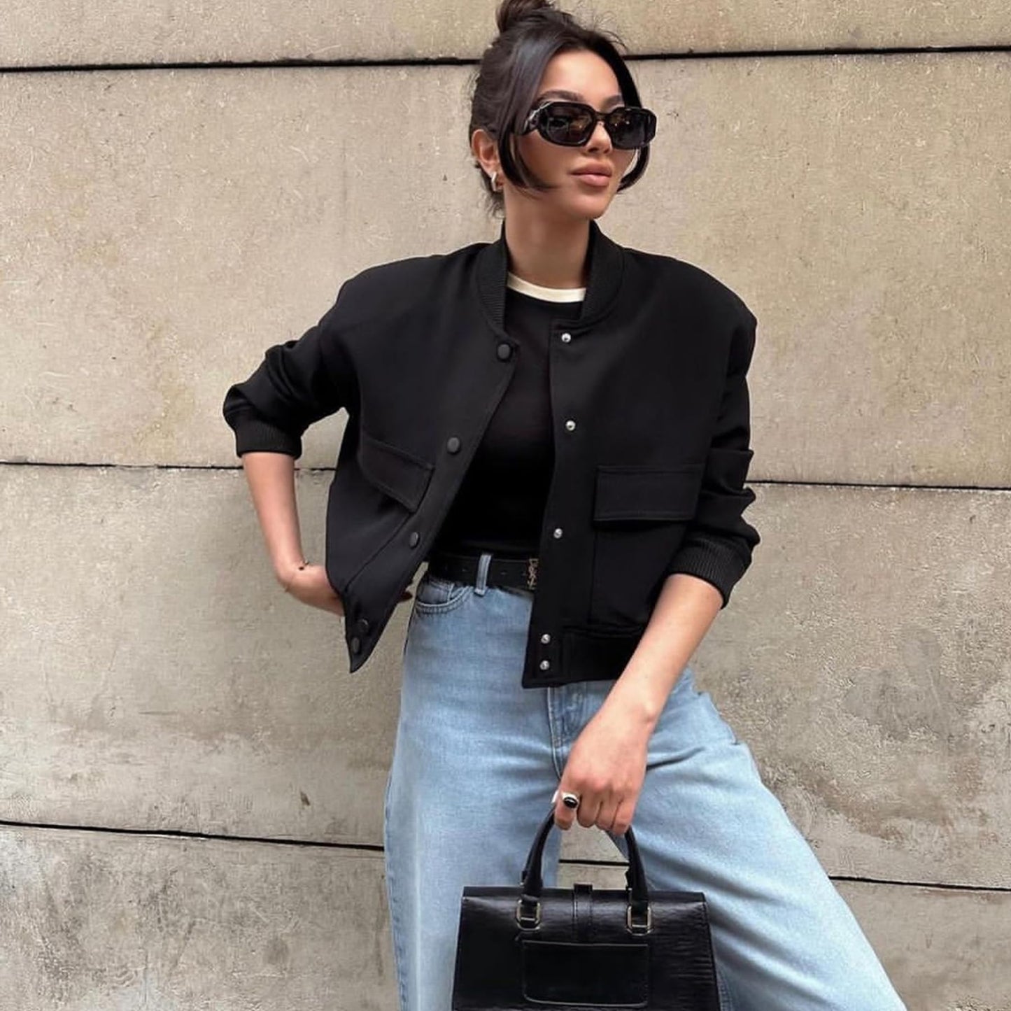 Zando Black Cropped Jacket Women Short Casual Varsity Jackets Women 2026