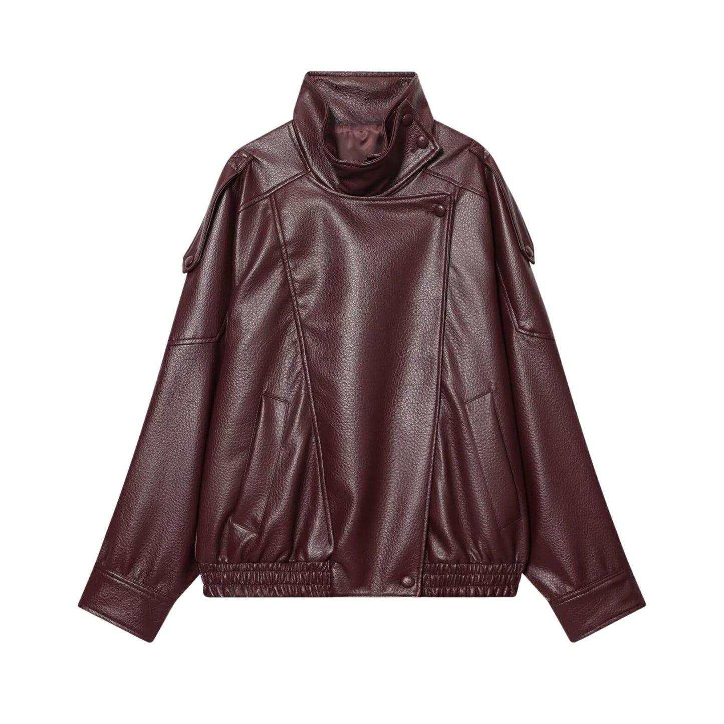 FindThy Women’s Oversized Faux Leather Jacket Casual High Collar Long Sleeve Zip Up Fall Fashion Motorcycle Coats(4201-Burgundy-S-LB)