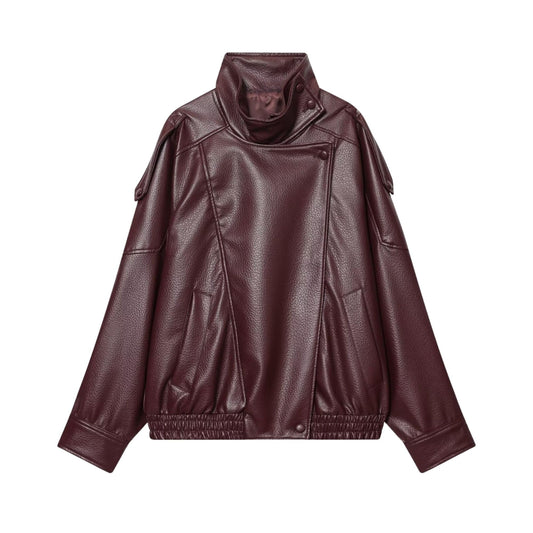 FindThy Women’s Oversized Faux Leather Jacket Casual High Collar Long Sleeve Zip Up Fall Fashion Motorcycle Coats(4201-Burgundy-S-LB)