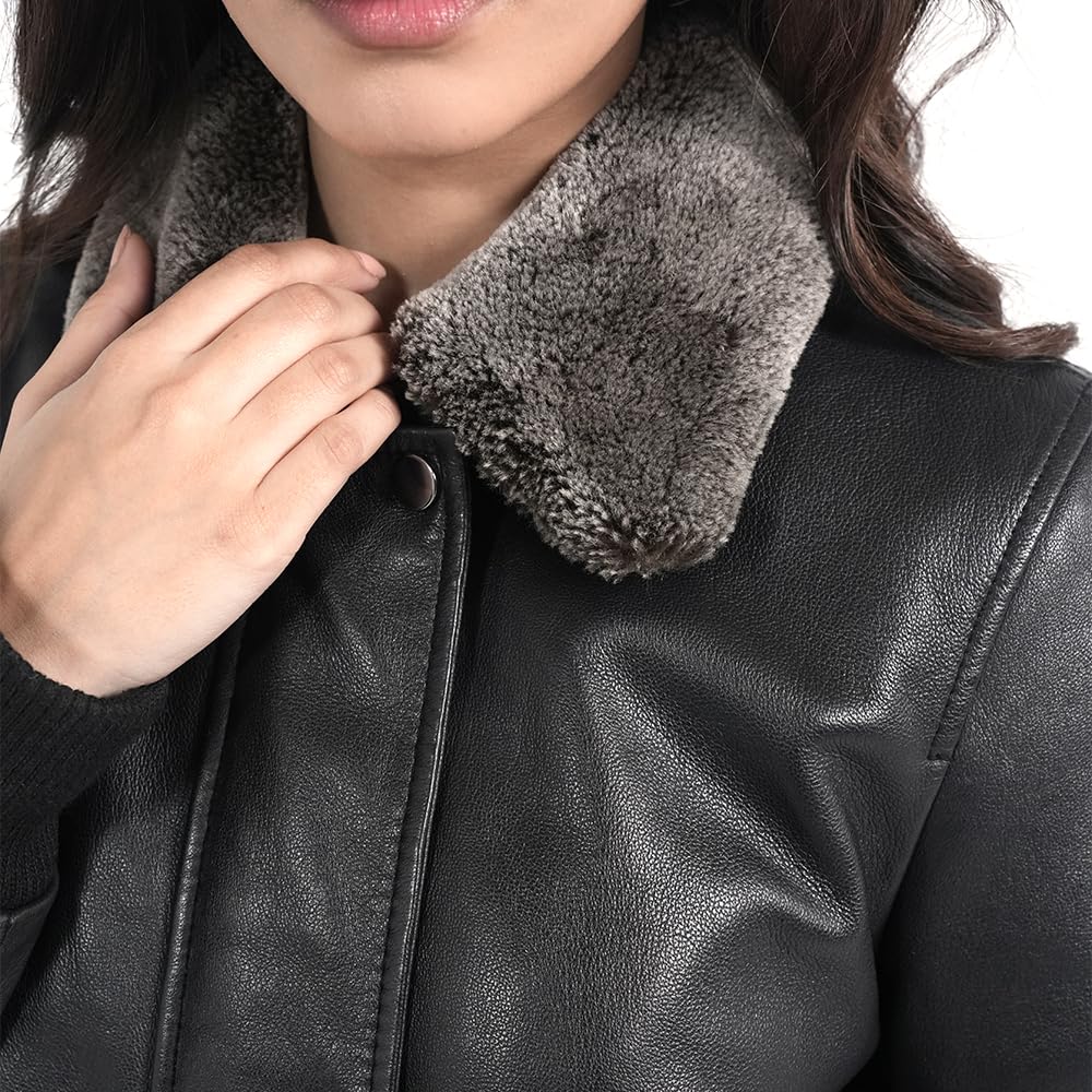 STREGA Women's Lambskin Leather Bomber Jacket – Detachable Snow Top Faux Fur Collar, Polyester-Insulated Lining | Genuine Leather Aviator Jacket Women with Warm Winter Comfort | Black – Medium