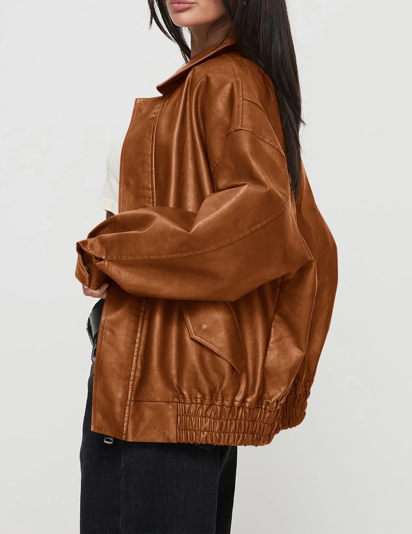 PRETTYGARDEN Women's Faux Leather Motorcycle Jacket Trendy Fall Spring Clothes Oversized Zip Up Winter Coat Outerwear (Brown,Medium)
