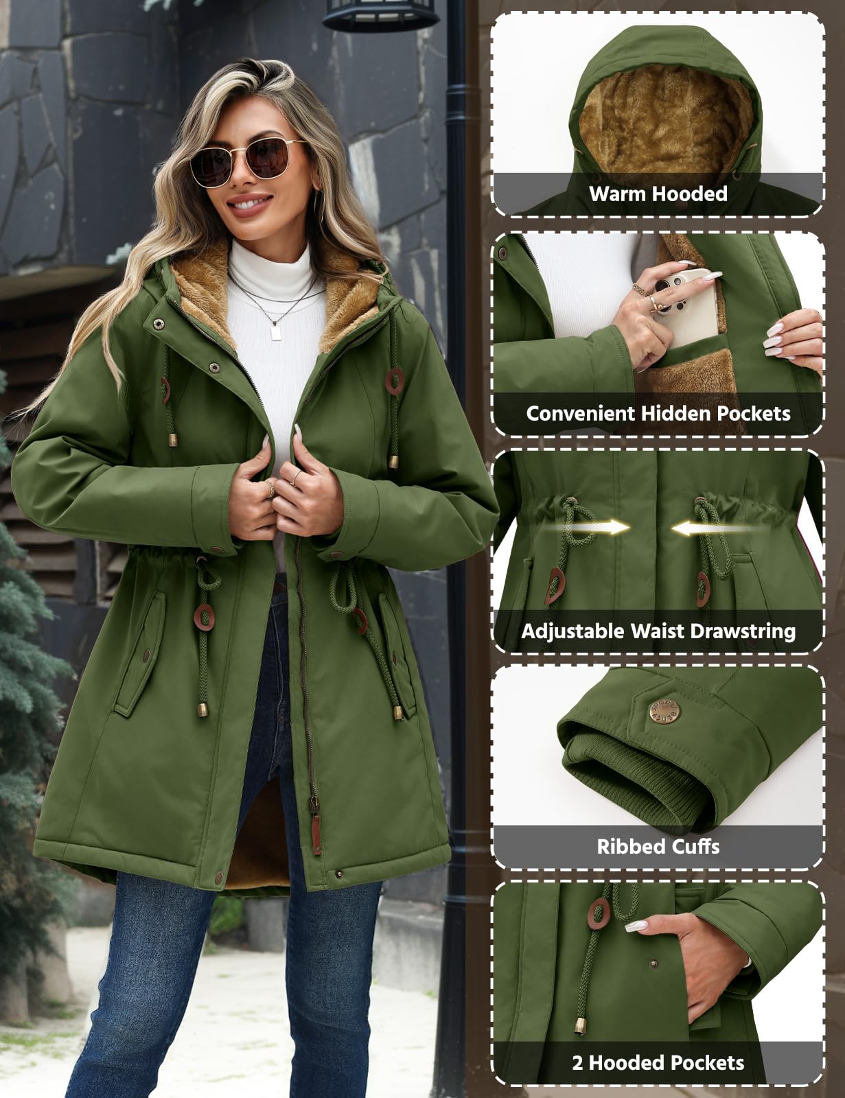 Yusongirl Parka Jacket Women Waterproof Fleece Lined Hooded Warm Winter Coat with Pockets for Daily Commute & Outdoor (Green,Small)
