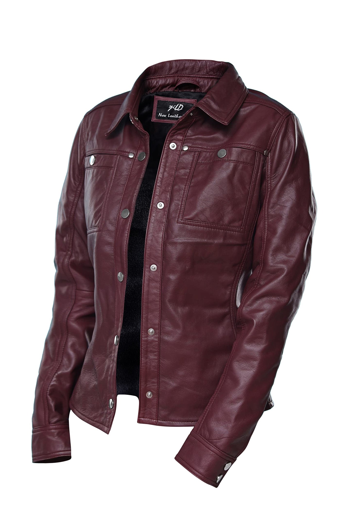 Jild Womens Button Front Lambskin Leather Jacket Shacket - Casual Shirt Long Sleeve Leather Jacket Women with Bust Pocket (Burgandy-L)
