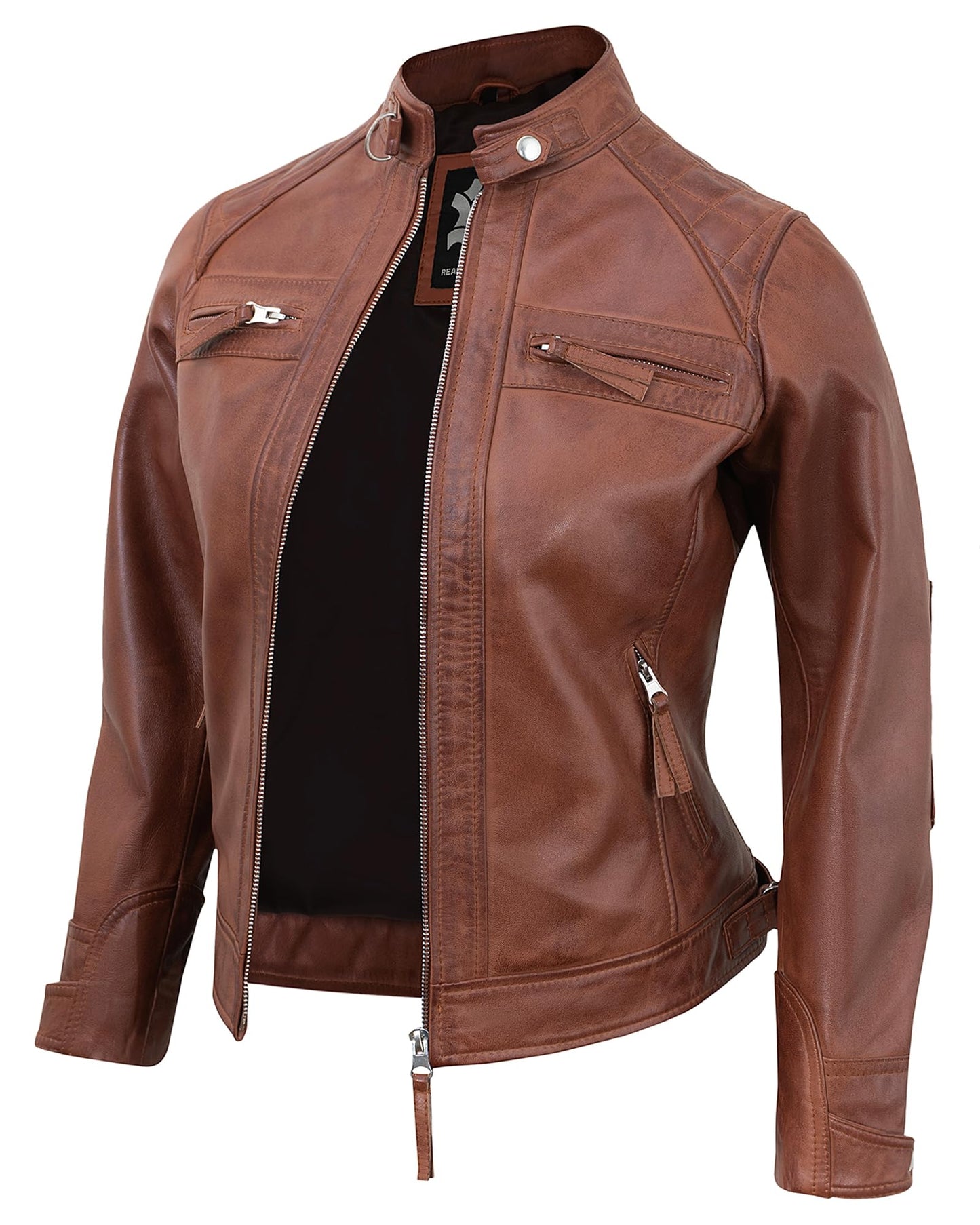 UrbanFocal Quilted Womens Leather Jacket Brown | [101003703] D1 Cgnc, M