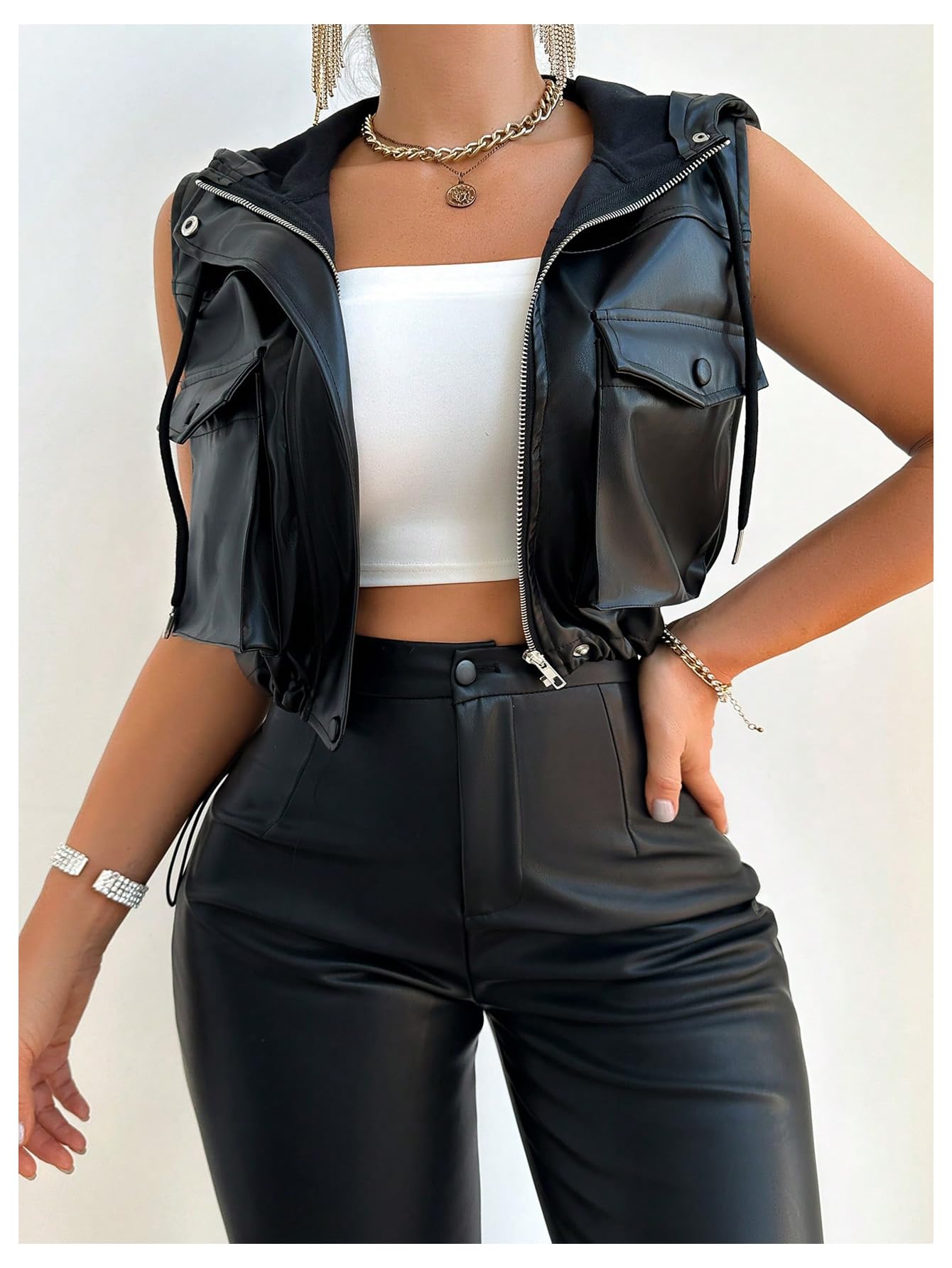 Verdusa Women's PU Leather Zip Up Cropped Vest Sleeveless Hooded Jacket with Pockets Black Large