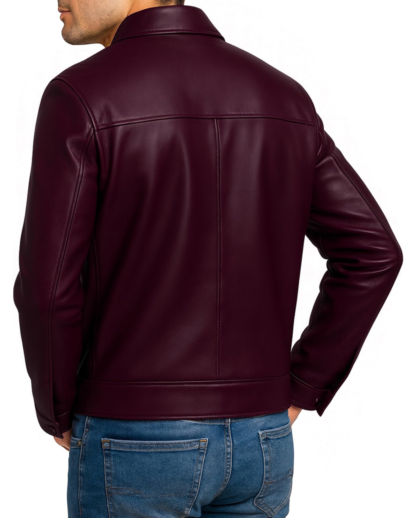 Jild Polo Collar Premium Leather Jacket Men - Old School Classic Style Everyday Wear Real Lambskin Mens Leather Jacket (Polo-Burgundy-XXL)