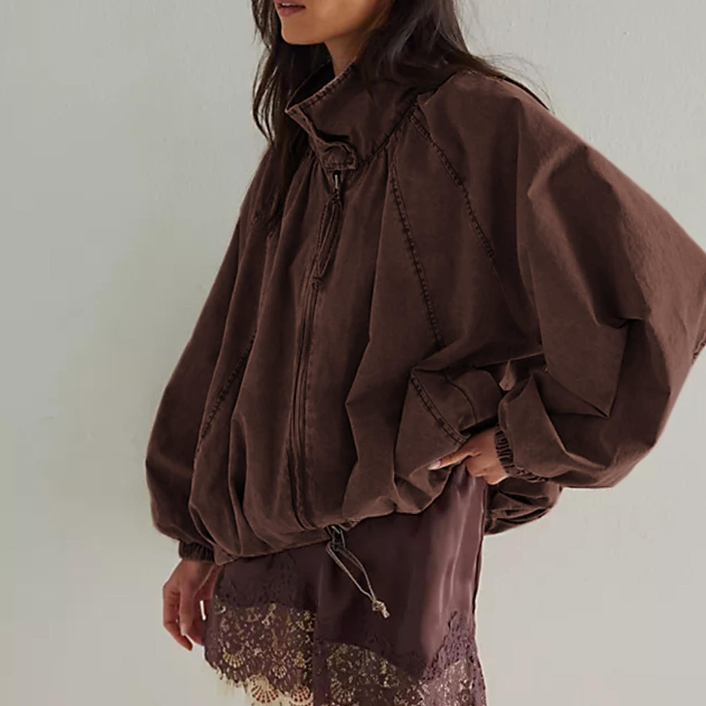 Yaykio Women Oversized Bomber Jacket Funnel Neck Zip Up Batwing Sleeve Fall Outerwear Coats Casual Outfits with Pockets(Chocolate,M)
