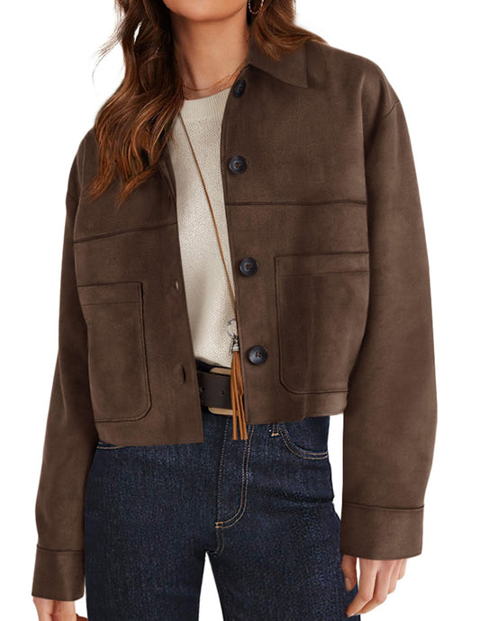 PRETTYGARDEN Women's Faux Suede Cropped Jacket Casual Lightweight Fall Fashion 2026 Winter Coats Outerwear Trendy Clothes (Dark Brown,Medium)