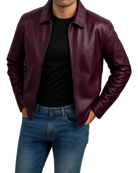Jild Polo Collar Premium Leather Jacket Men - Old School Classic Style Everyday Wear Real Lambskin Mens Leather Jacket (Polo-Burgundy-XXL)