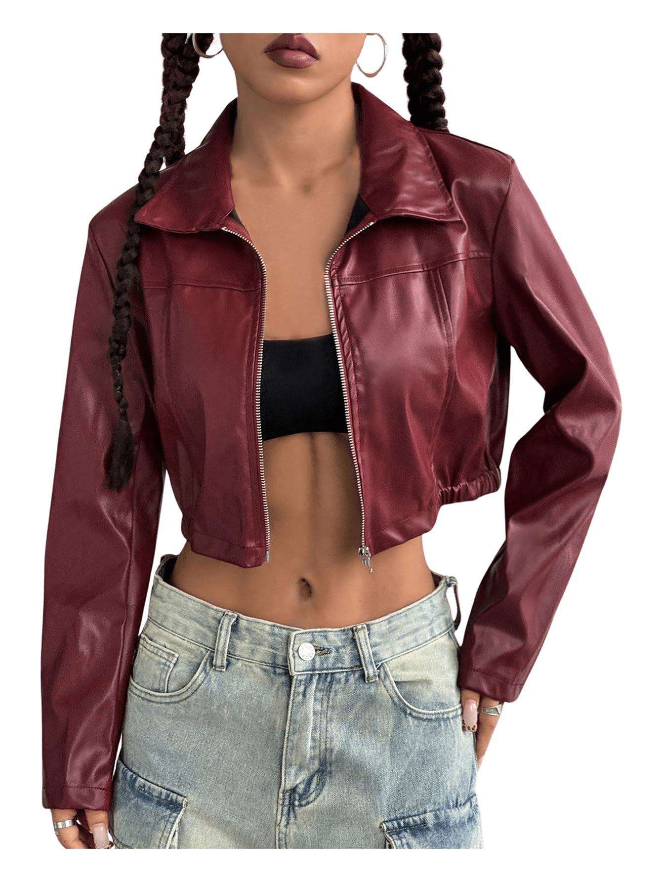 Verdusa Women's Motorcycle Leather Race Car Jacket Cropped Streetwear Lightweight Long Sleeve Outerwear Burgundy Small