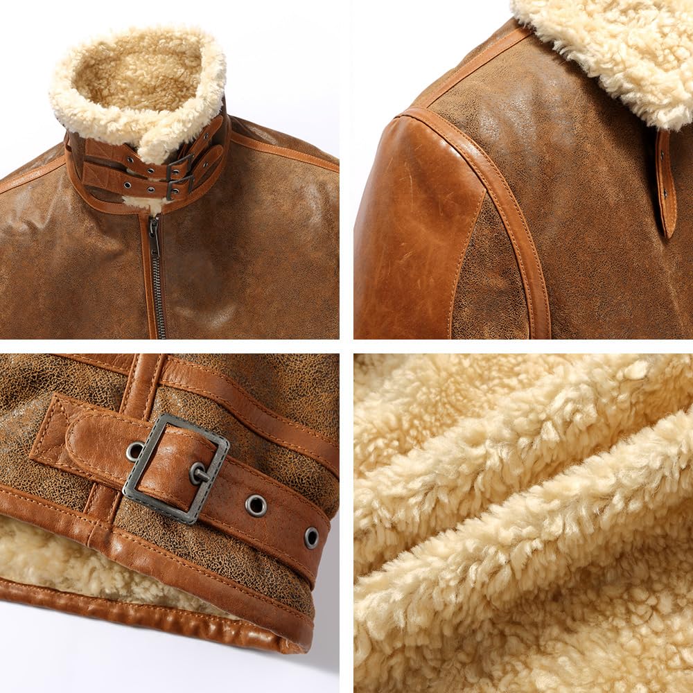 FLAVOR Mens Leather Bomber Jacket Warm Piolt Winter Shearling Jackets Aviator Coat (X-Large, Brown)