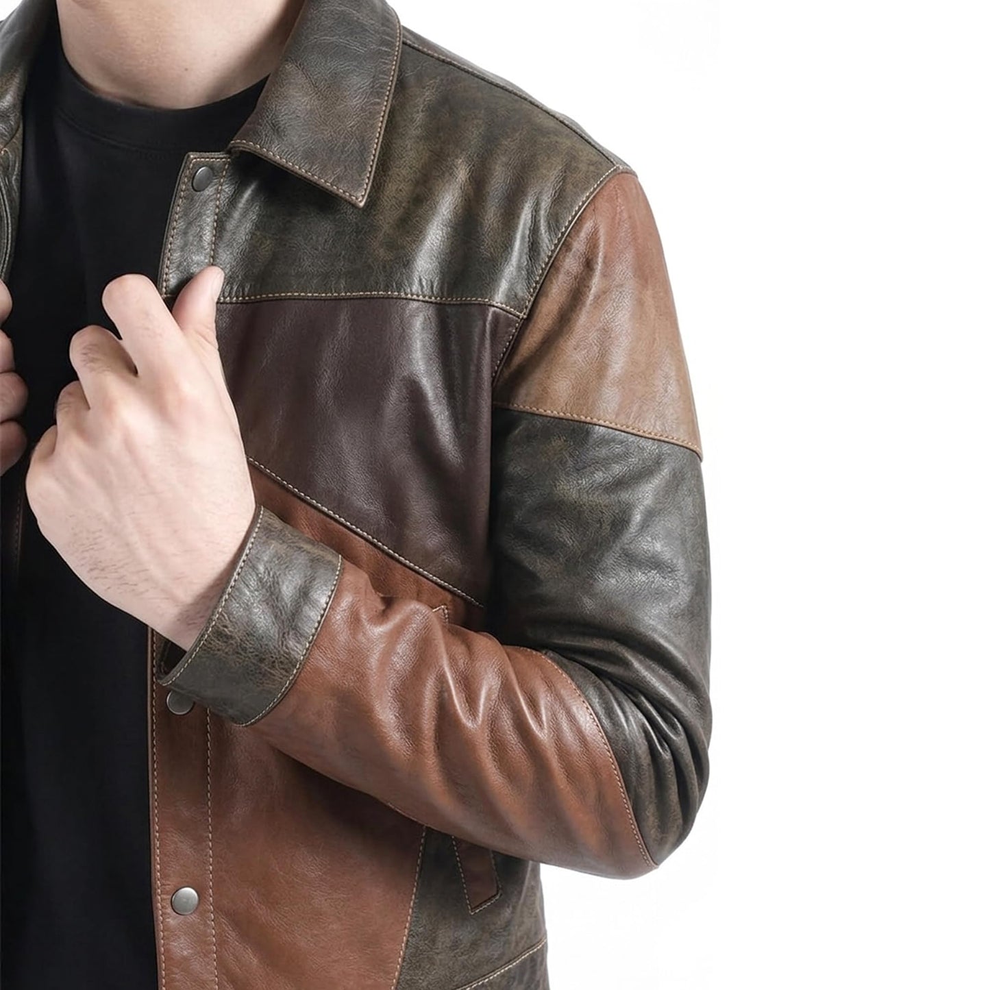 STREGA Men’s Heritage Patchwork Lambskin Leather Jacket – 70s Vintage Rustic Shirt Style, Handmade Multi-Tone Rustic Earth Brown, Button-Front Outerwear (US, Alpha, Large, Regular Fit, Rustic Earth)
