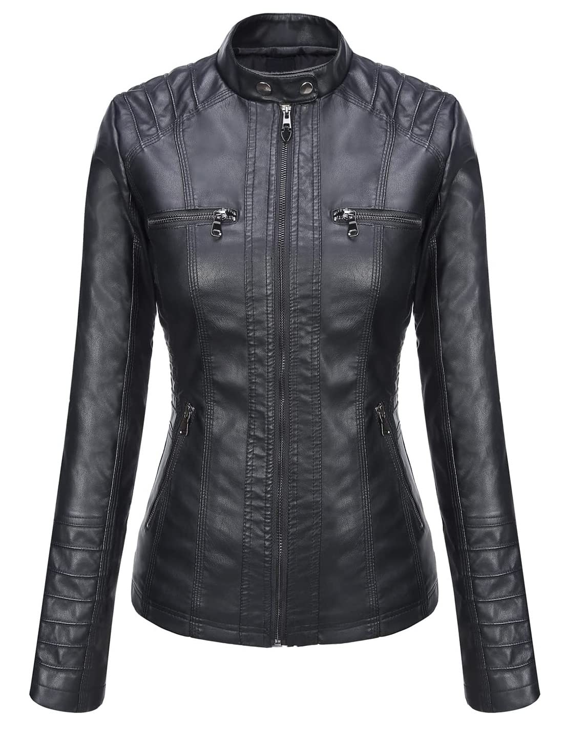 Springrain Women's Faux Leather Jacket Moto Biker Coat with Detachable Hood Motorcycle Jacket (Large, Black)