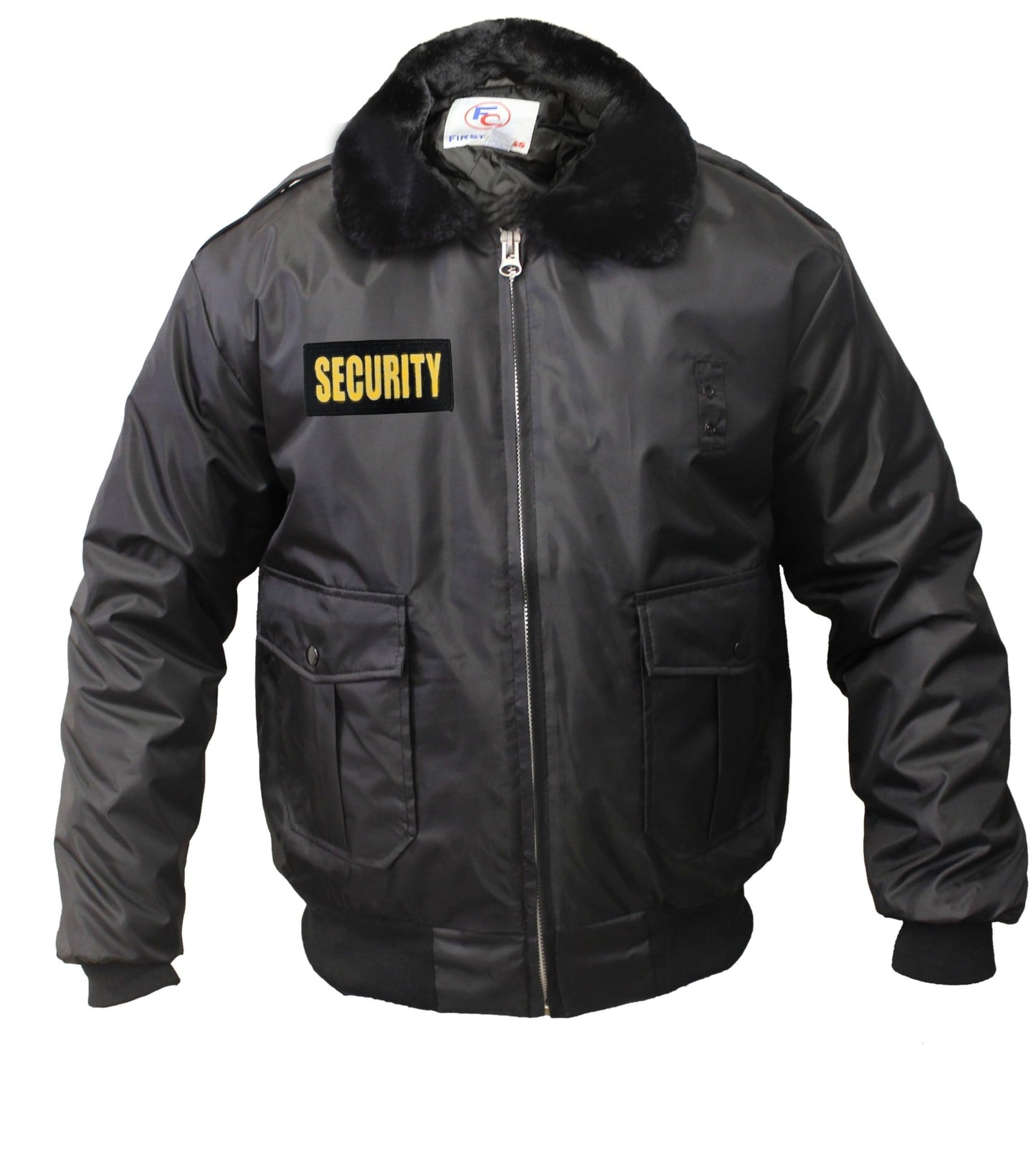 First Class Watch-Guard Bomber Jacket with Reflective Security ID (Black) (US, Alpha, Large, Regular, Regular, Gold Reflective ID)