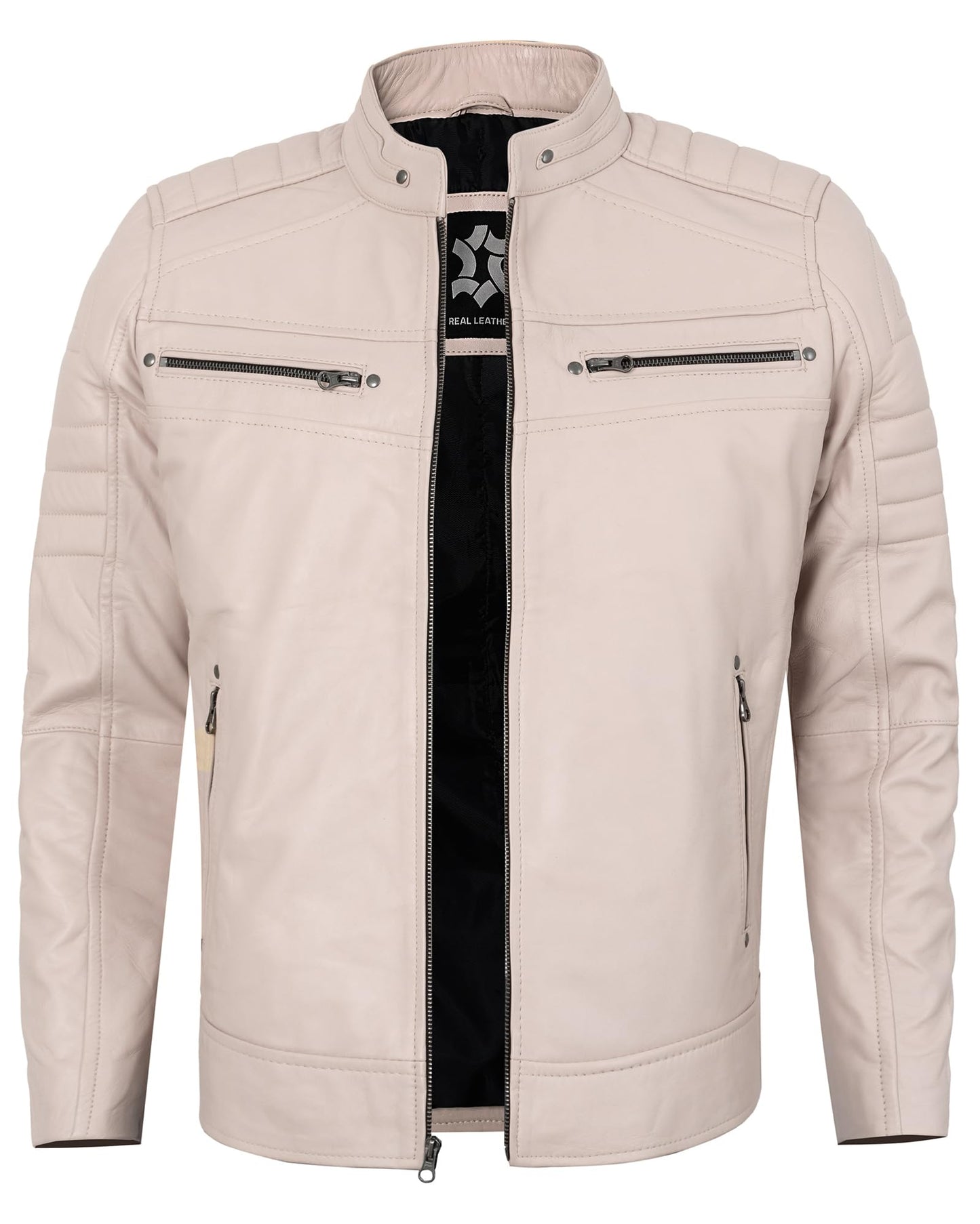 UrbanFocal Beige Leather Jacket Men - Real Lambskin Cafe Racer Leather Jackets For Mens | [101006603] Austin Beige, M