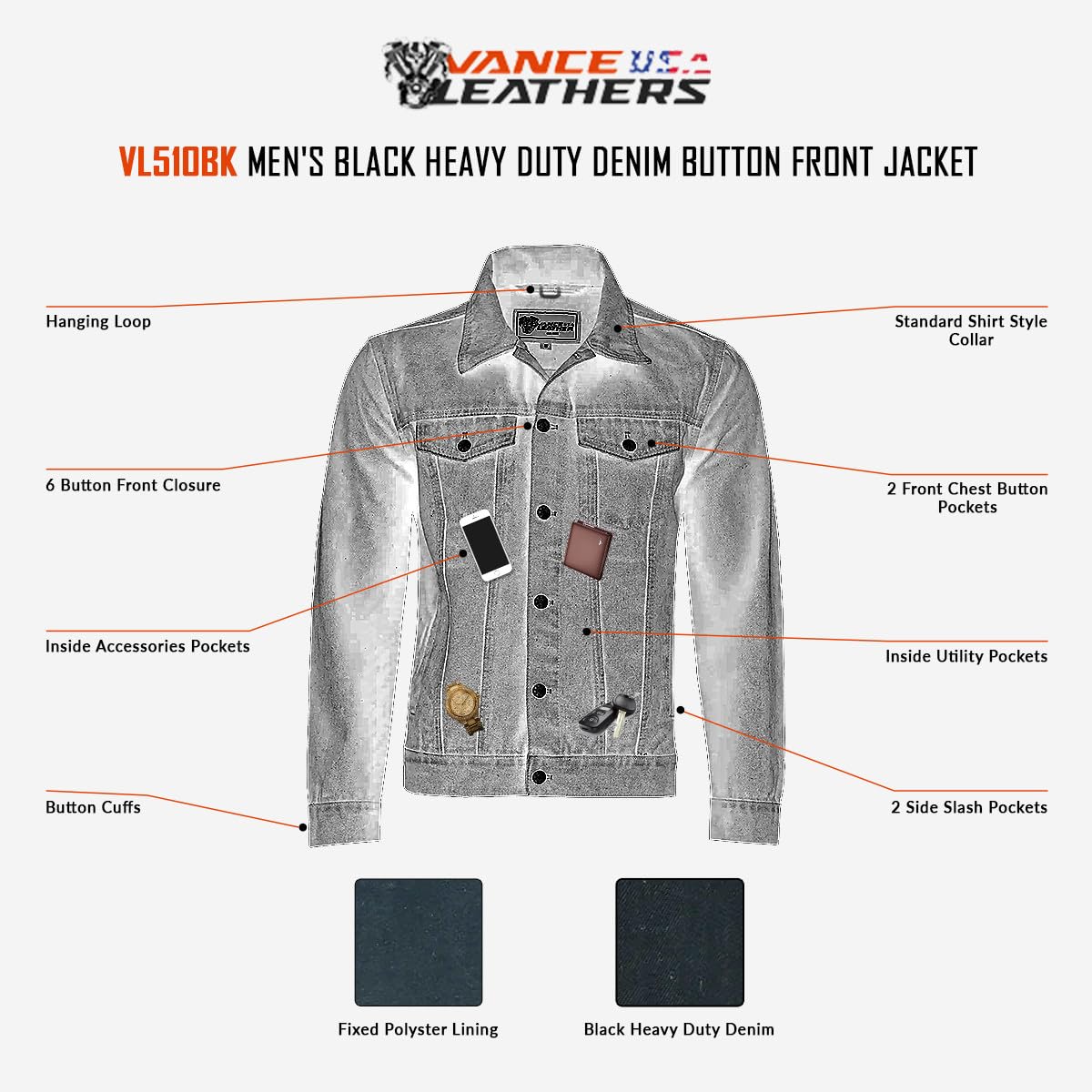 Vance VB510BK Men's Black Heavy Duty Trucker Denim Button Front Motorcycle Jacket (Black, XL)
