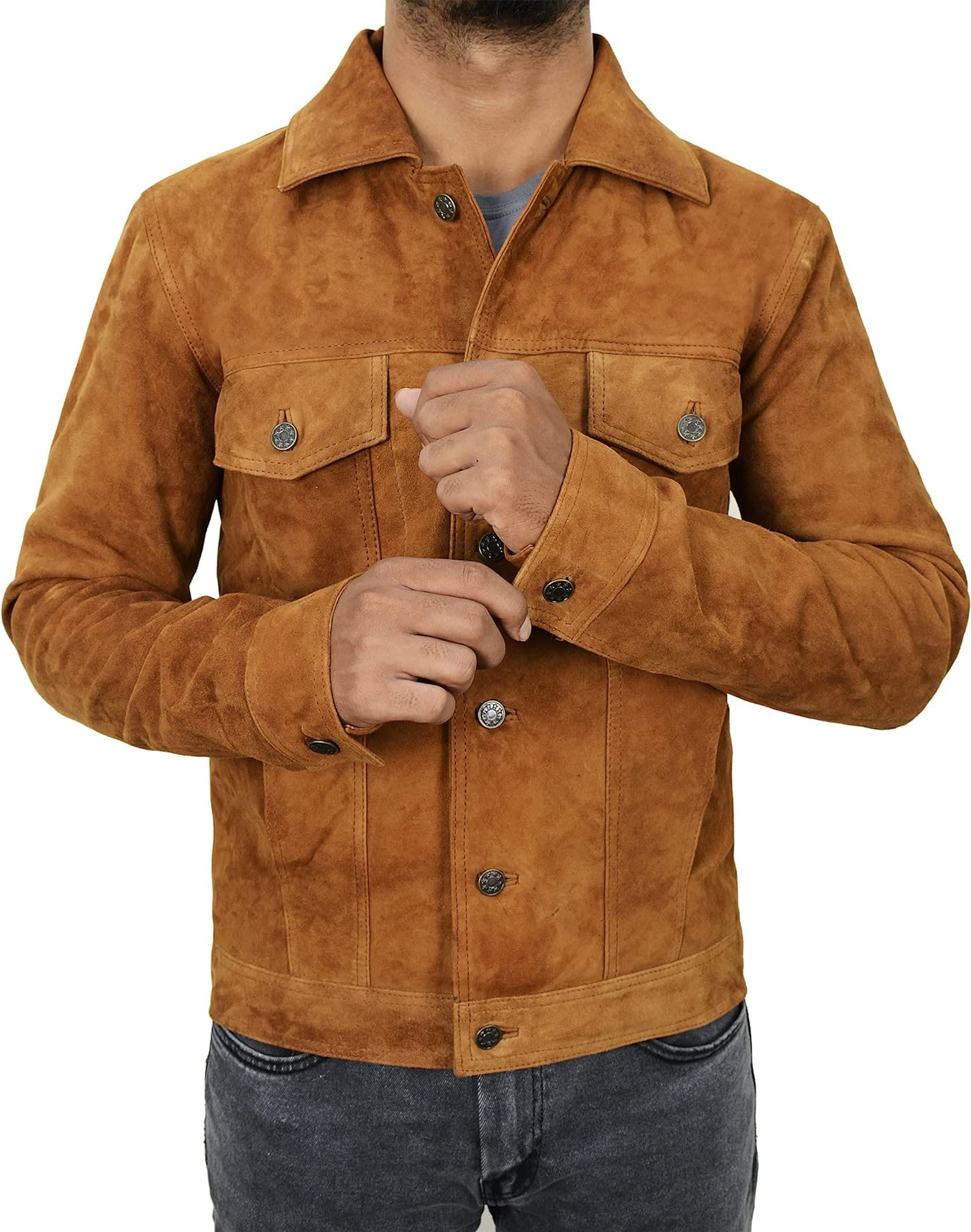 III-Fashions Mens Suede Jacket - Vintage Classic Western Trucker Coat Geniune Suede Leather Jacket (Camel Brown, M) (III-1001)