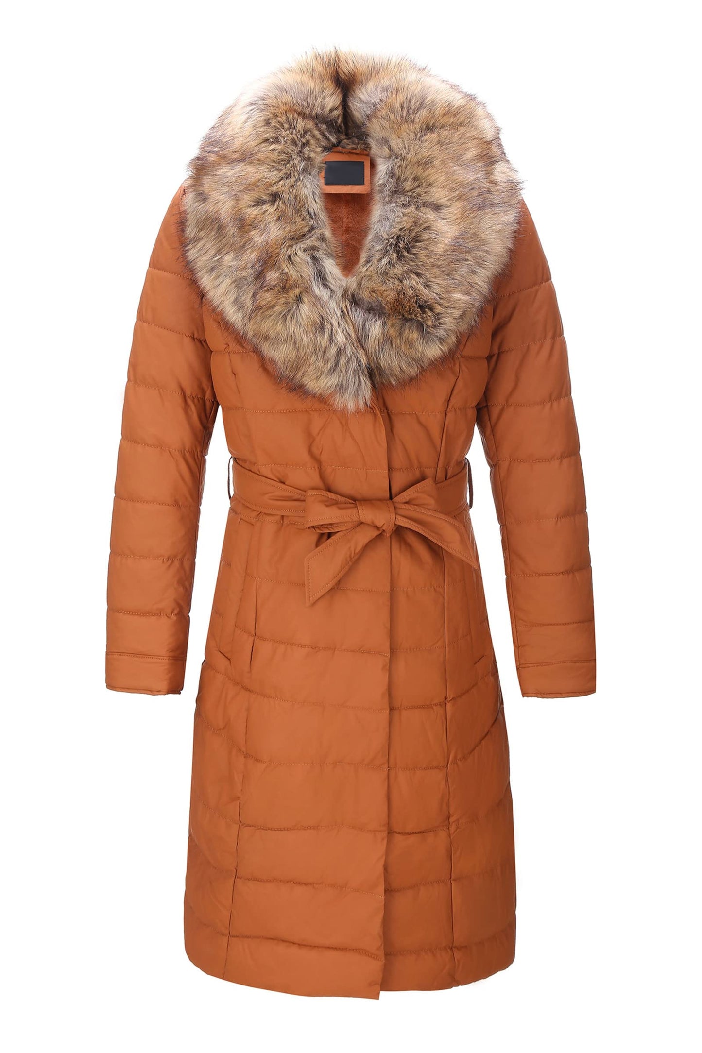 Bellivera Women's Winter Puffer Jacket Cold resistant patchwork plush lining Coat with Removable Fur Collar Hooded and Belted 5528CAMELS