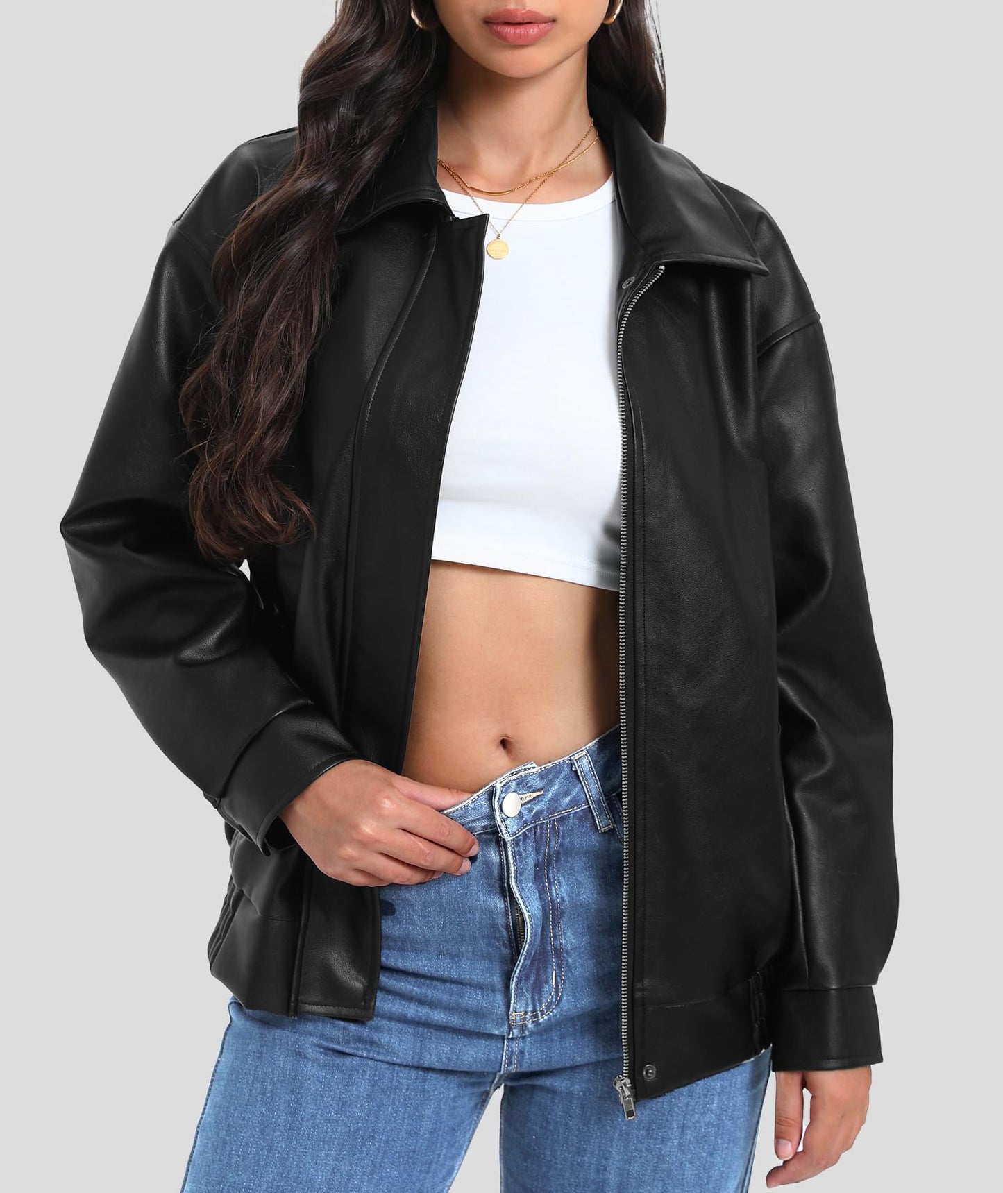 Casly Lamiit Womens Faux Leather Jacket Oversized Motorcycle Bomber Coat Winter Biker Black Jackets 2025 Trendy Street Clothes Black 2XL