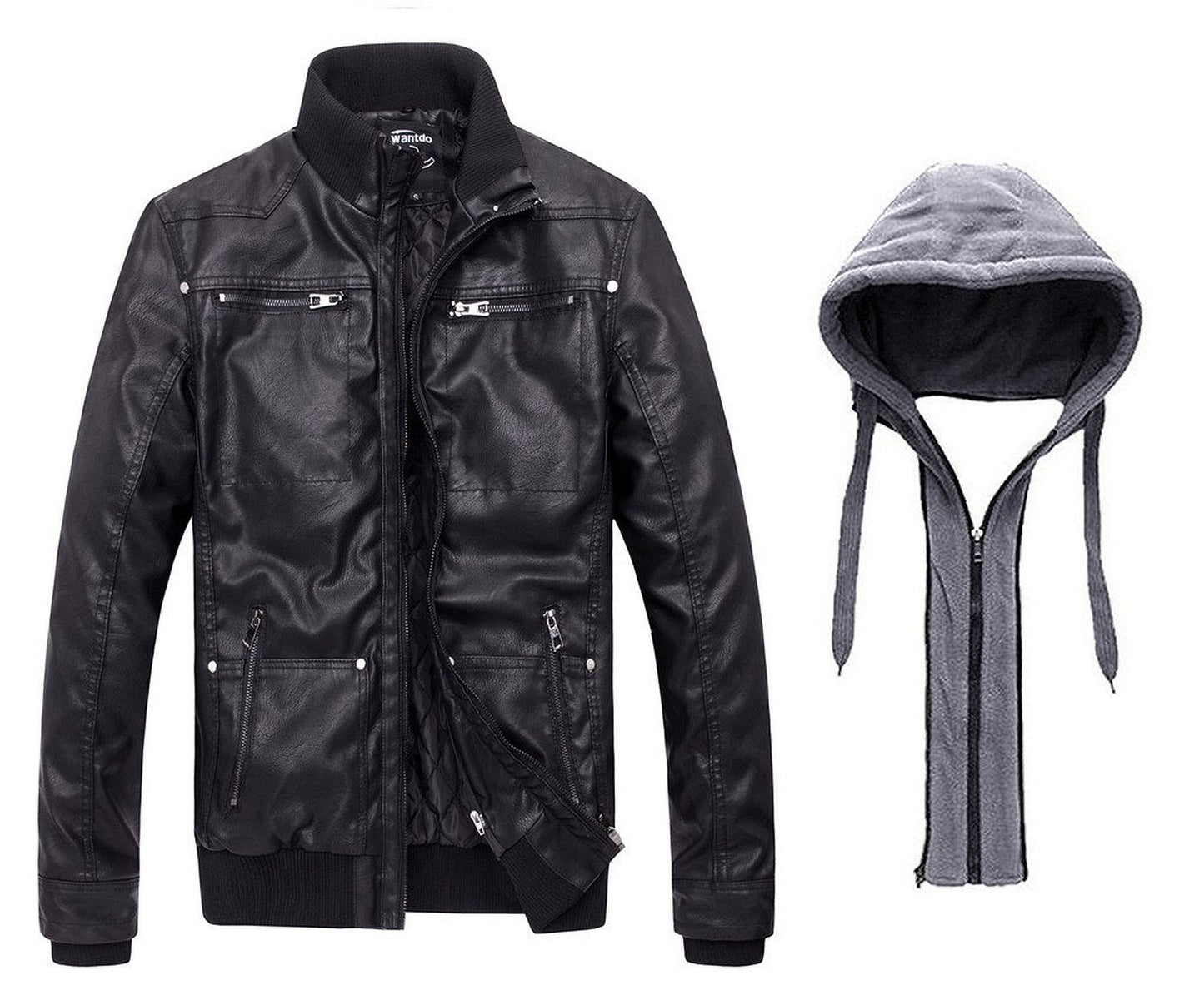 wantdo Men's Winter Warm Leather Jacket with Removable Hood Black Medium(Thick)