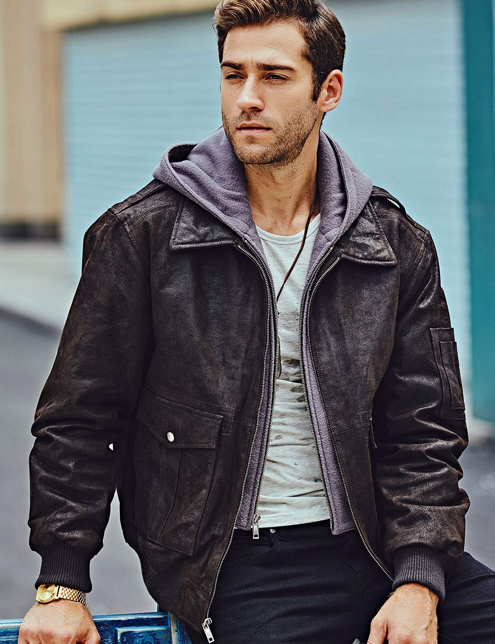 FLAVOR Men's Leather Flight Bomber Jacket Air Force Aviator (X-Large, Dark Brown Hood)