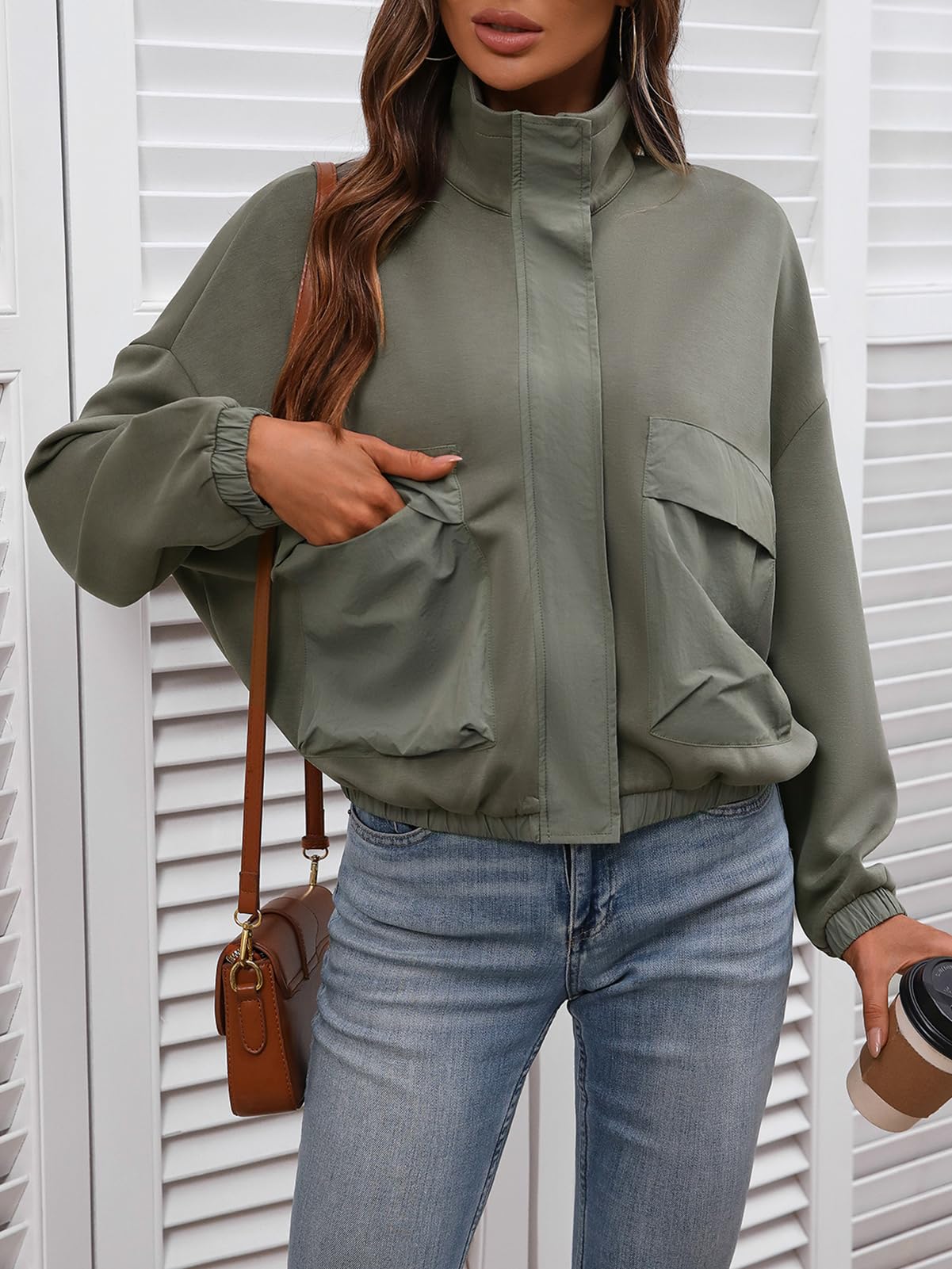 FLYCURVY Women's Cropped Oversized Safari Jackets Zip Up Stand Collar Neck Long Sleeve Utility Anorak jacket with Pocket