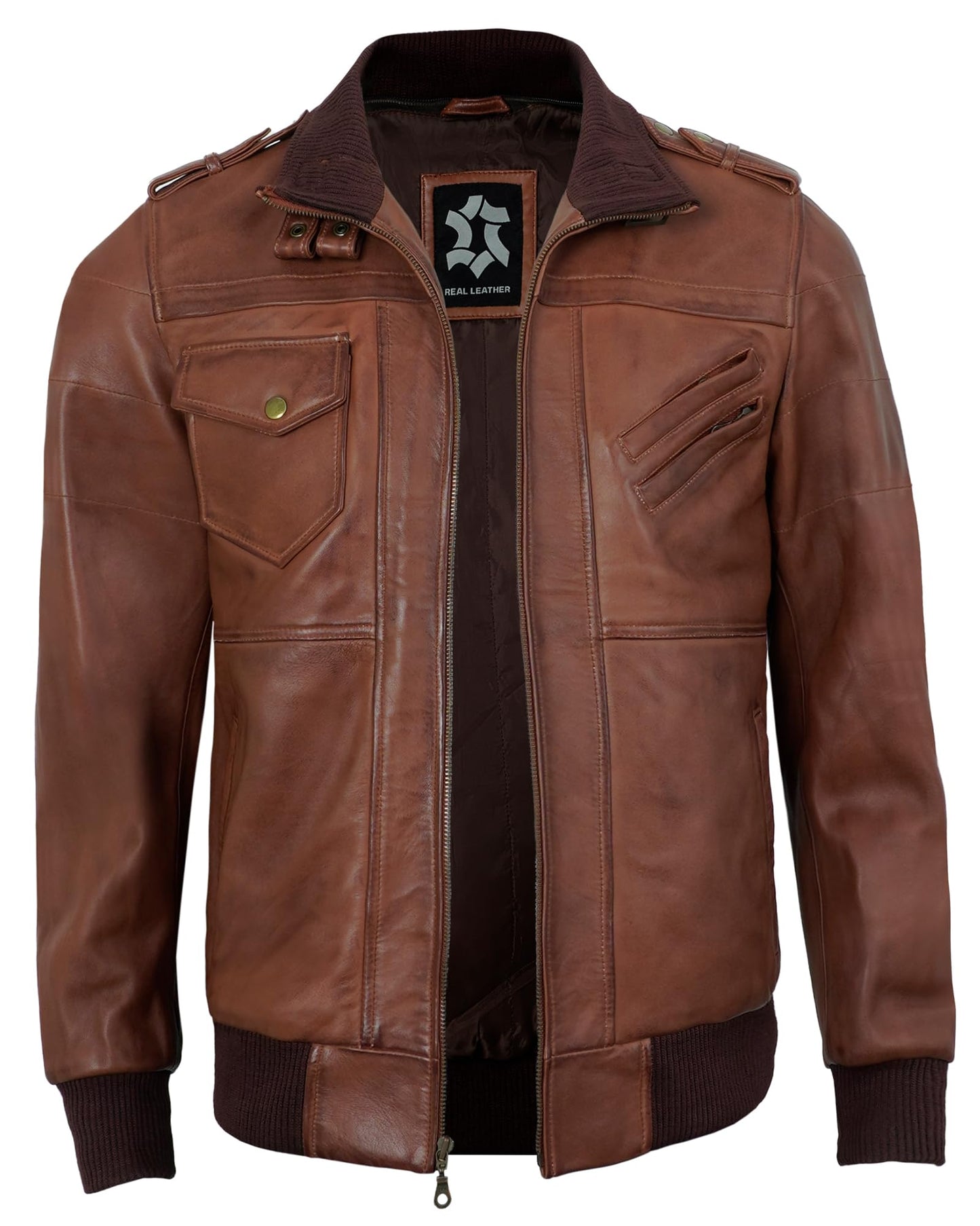 UrbanFocal Hooded Brown Leather Bomber Jacket Men - Real Lambskin Leather Jackets For Mens With Detachable Hood | [101010005] Edinburgh Cognac, XL